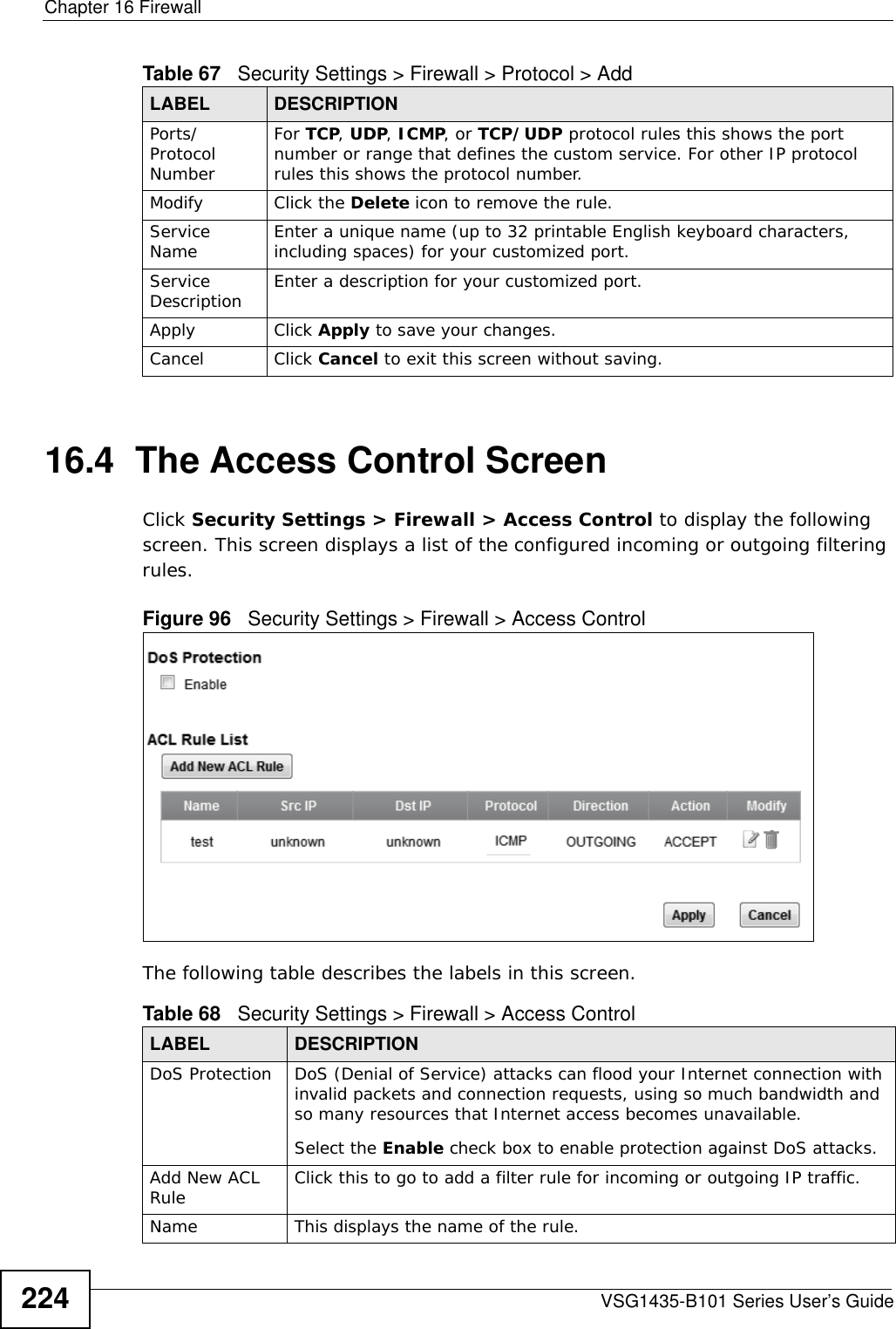 Chapter 16 FirewallVSG1435-B101 Series User’s Guide22416.4  The Access Control ScreenClick Security Settings &gt; Firewall &gt; Access Control to display the following screen. This screen displays a list of the configured incoming or outgoing filtering rules. Figure 96   Security Settings &gt; Firewall &gt; Access Control The following table describes the labels in this screen. Ports/Protocol NumberFor TCP, UDP, ICMP, or TCP/UDP protocol rules this shows the port number or range that defines the custom service. For other IP protocol rules this shows the protocol number. Modify Click the Delete icon to remove the rule.Service Name Enter a unique name (up to 32 printable English keyboard characters, including spaces) for your customized port. Service Description Enter a description for your customized port.Apply Click Apply to save your changes.Cancel Click Cancel to exit this screen without saving.Table 67   Security Settings &gt; Firewall &gt; Protocol &gt; AddLABEL DESCRIPTIONTable 68   Security Settings &gt; Firewall &gt; Access ControlLABEL DESCRIPTIONDoS Protection DoS (Denial of Service) attacks can flood your Internet connection with invalid packets and connection requests, using so much bandwidth and so many resources that Internet access becomes unavailable. Select the Enable check box to enable protection against DoS attacks.Add New ACL Rule Click this to go to add a filter rule for incoming or outgoing IP traffic.Name This displays the name of the rule.