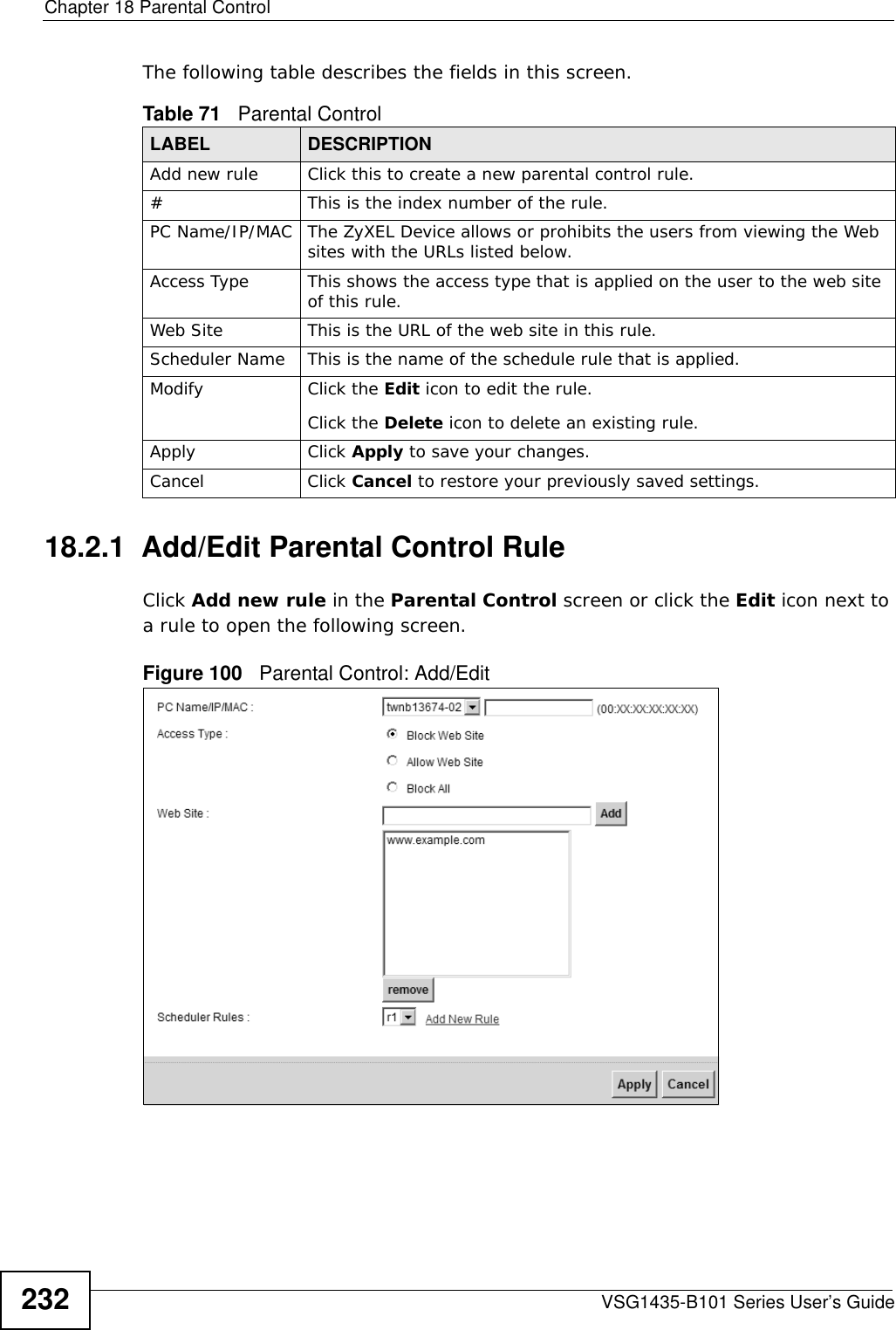 Chapter 18 Parental ControlVSG1435-B101 Series User’s Guide232The following table describes the fields in this screen. 18.2.1  Add/Edit Parental Control RuleClick Add new rule in the Parental Control screen or click the Edit icon next to a rule to open the following screen. Figure 100   Parental Control: Add/Edit Table 71   Parental ControlLABEL DESCRIPTIONAdd new rule Click this to create a new parental control rule.# This is the index number of the rule.PC Name/IP/MAC The ZyXEL Device allows or prohibits the users from viewing the Web sites with the URLs listed below.Access Type This shows the access type that is applied on the user to the web site of this rule. Web Site This is the URL of the web site in this rule.Scheduler Name This is the name of the schedule rule that is applied.Modify Click the Edit icon to edit the rule.Click the Delete icon to delete an existing rule.Apply Click Apply to save your changes.Cancel Click Cancel to restore your previously saved settings.