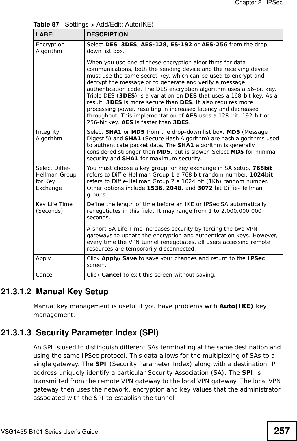  Chapter 21 IPSecVSG1435-B101 Series User’s Guide 25721.3.1.2  Manual Key SetupManual key management is useful if you have problems with Auto(IKE) key management.21.3.1.3  Security Parameter Index (SPI) An SPI is used to distinguish different SAs terminating at the same destination and using the same IPSec protocol. This data allows for the multiplexing of SAs to a single gateway. The SPI (Security Parameter Index) along with a destination IP address uniquely identify a particular Security Association (SA). The SPI is transmitted from the remote VPN gateway to the local VPN gateway. The local VPN gateway then uses the network, encryption and key values that the administrator associated with the SPI to establish the tunnel.Encryption Algorithm Select DES, 3DES, AES-128, ES-192 or AES-256 from the drop-down list box. When you use one of these encryption algorithms for data communications, both the sending device and the receiving device must use the same secret key, which can be used to encrypt and decrypt the message or to generate and verify a message authentication code. The DES encryption algorithm uses a 56-bit key. Triple DES (3DES) is a variation on DES that uses a 168-bit key. As a result, 3DES is more secure than DES. It also requires more processing power, resulting in increased latency and decreased throughput. This implementation of AES uses a 128-bit, 192-bit or 256-bit key. AES is faster than 3DES. Integrity Algorithm Select SHA1 or MD5 from the drop-down list box. MD5 (Message Digest 5) and SHA1 (Secure Hash Algorithm) are hash algorithms used to authenticate packet data. The SHA1 algorithm is generally considered stronger than MD5, but is slower. Select MD5 for minimal security and SHA1 for maximum security. Select Diffie-Hellman Group for Key ExchangeYou must choose a key group for key exchange in SA setup. 768bit refers to Diffie-Hellman Group 1 a 768 bit random number. 1024bit refers to Diffie-Hellman Group 2 a 1024 bit (1Kb) random number.  Other options include 1536, 2048, and 3072 bit Diffie-Hellman groups.Key Life Time (Seconds) Define the length of time before an IKE or IPSec SA automatically renegotiates in this field. It may range from 1 to 2,000,000,000 seconds.A short SA Life Time increases security by forcing the two VPN gateways to update the encryption and authentication keys. However, every time the VPN tunnel renegotiates, all users accessing remote resources are temporarily disconnected. Apply Click Apply/Save to save your changes and return to the IPSec screen.Cancel Click Cancel to exit this screen without saving.Table 87   Settings &gt; Add/Edit: Auto(IKE)LABEL DESCRIPTION