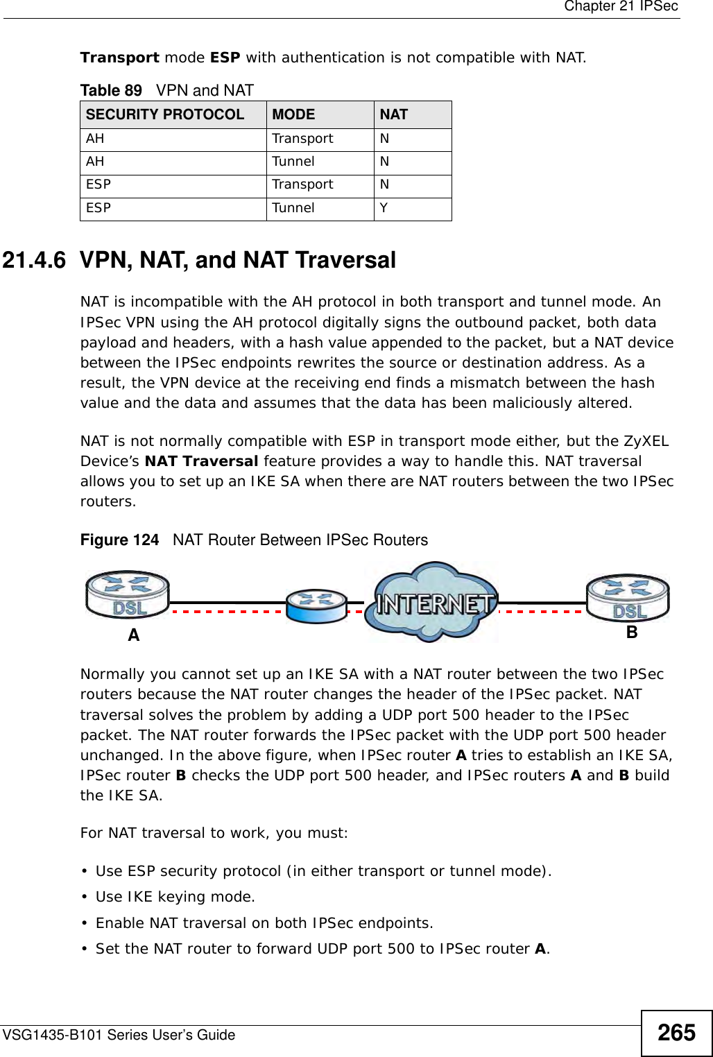  Chapter 21 IPSecVSG1435-B101 Series User’s Guide 265Transport mode ESP with authentication is not compatible with NAT.21.4.6  VPN, NAT, and NAT TraversalNAT is incompatible with the AH protocol in both transport and tunnel mode. An IPSec VPN using the AH protocol digitally signs the outbound packet, both data payload and headers, with a hash value appended to the packet, but a NAT device between the IPSec endpoints rewrites the source or destination address. As a result, the VPN device at the receiving end finds a mismatch between the hash value and the data and assumes that the data has been maliciously altered.NAT is not normally compatible with ESP in transport mode either, but the ZyXEL Device’s NAT Traversal feature provides a way to handle this. NAT traversal allows you to set up an IKE SA when there are NAT routers between the two IPSec routers.Figure 124   NAT Router Between IPSec RoutersNormally you cannot set up an IKE SA with a NAT router between the two IPSec routers because the NAT router changes the header of the IPSec packet. NAT traversal solves the problem by adding a UDP port 500 header to the IPSec packet. The NAT router forwards the IPSec packet with the UDP port 500 header unchanged. In the above figure, when IPSec router A tries to establish an IKE SA, IPSec router B checks the UDP port 500 header, and IPSec routers A and B build the IKE SA.For NAT traversal to work, you must:• Use ESP security protocol (in either transport or tunnel mode).•Use IKE keying mode.• Enable NAT traversal on both IPSec endpoints.• Set the NAT router to forward UDP port 500 to IPSec router A.Table 89   VPN and NATSECURITY PROTOCOL MODE NATAH Transport NAH Tunnel NESP Transport NESP Tunnel YAB
