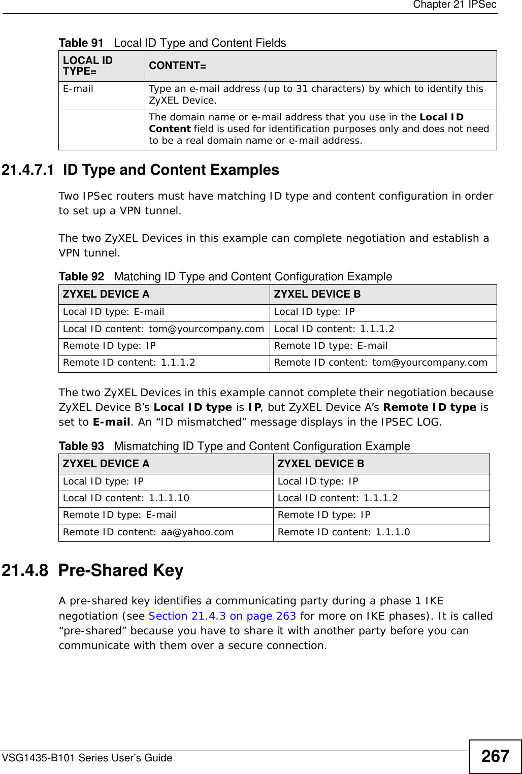  Chapter 21 IPSecVSG1435-B101 Series User’s Guide 26721.4.7.1  ID Type and Content ExamplesTwo IPSec routers must have matching ID type and content configuration in order to set up a VPN tunnel. The two ZyXEL Devices in this example can complete negotiation and establish a VPN tunnel.The two ZyXEL Devices in this example cannot complete their negotiation because ZyXEL Device B’s Local ID type is IP, but ZyXEL Device A’s Remote ID type is set to E-mail. An “ID mismatched” message displays in the IPSEC LOG. 21.4.8  Pre-Shared KeyA pre-shared key identifies a communicating party during a phase 1 IKE negotiation (see Section 21.4.3 on page 263 for more on IKE phases). It is called “pre-shared” because you have to share it with another party before you can communicate with them over a secure connection.E-mail Type an e-mail address (up to 31 characters) by which to identify this ZyXEL Device.The domain name or e-mail address that you use in the Local ID Content field is used for identification purposes only and does not need to be a real domain name or e-mail address.Table 91   Local ID Type and Content FieldsLOCAL ID TYPE= CONTENT=Table 92   Matching ID Type and Content Configuration ExampleZYXEL DEVICE A ZYXEL DEVICE BLocal ID type: E-mail Local ID type: IPLocal ID content: tom@yourcompany.com Local ID content: 1.1.1.2Remote ID type: IP Remote ID type: E-mailRemote ID content: 1.1.1.2 Remote ID content: tom@yourcompany.comTable 93   Mismatching ID Type and Content Configuration ExampleZYXEL DEVICE A ZYXEL DEVICE BLocal ID type: IP Local ID type: IPLocal ID content: 1.1.1.10 Local ID content: 1.1.1.2Remote ID type: E-mail Remote ID type: IPRemote ID content: aa@yahoo.com Remote ID content: 1.1.1.0