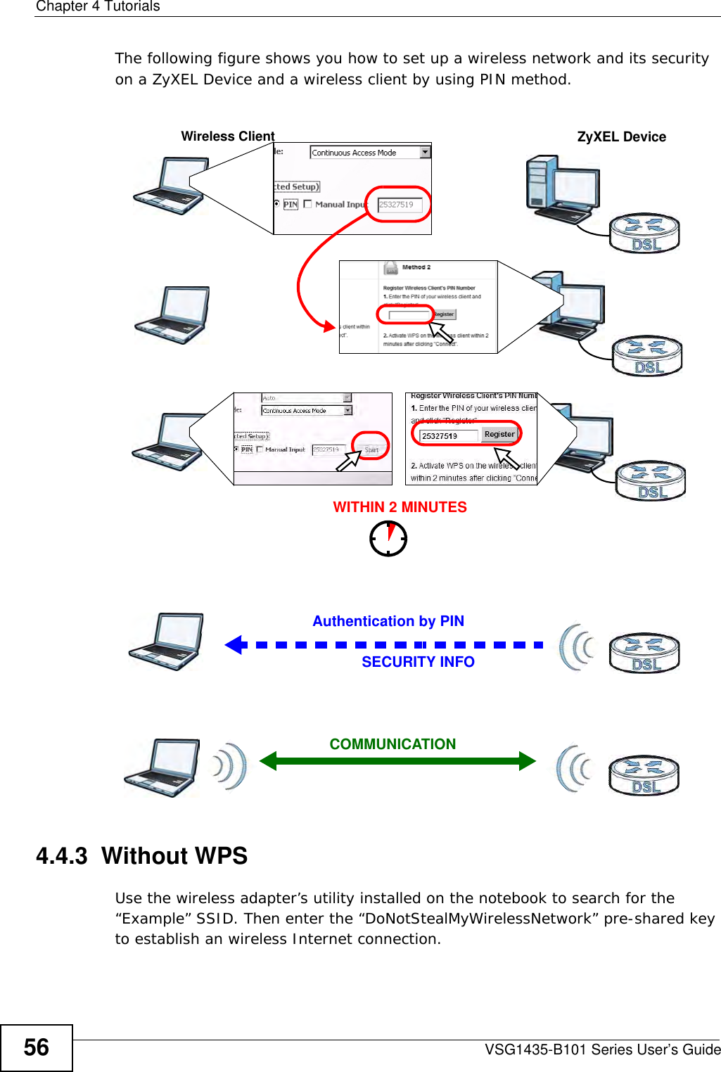 Chapter 4 TutorialsVSG1435-B101 Series User’s Guide56The following figure shows you how to set up a wireless network and its security on a ZyXEL Device and a wireless client by using PIN method. Example WPS Process: PIN Method4.4.3  Without WPSUse the wireless adapter’s utility installed on the notebook to search for the “Example” SSID. Then enter the “DoNotStealMyWirelessNetwork” pre-shared key to establish an wireless Internet connection.Authentication by PINSECURITY INFOWITHIN 2 MINUTESWireless ClientZyXEL DeviceCOMMUNICATION