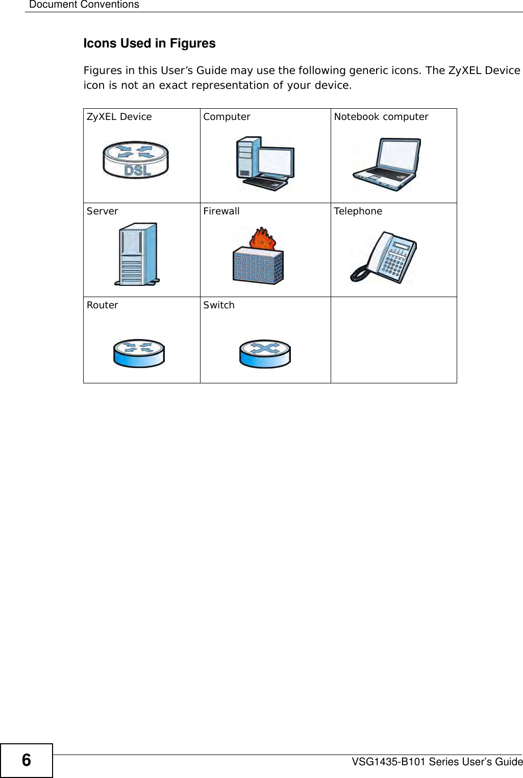 Document ConventionsVSG1435-B101 Series User’s Guide6Icons Used in FiguresFigures in this User’s Guide may use the following generic icons. The ZyXEL Device icon is not an exact representation of your device.ZyXEL Device Computer Notebook computerServer Firewall TelephoneRouter Switch