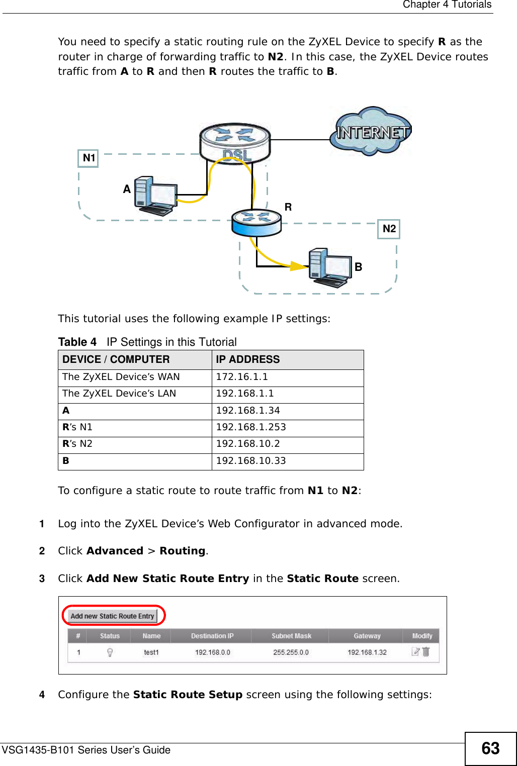  Chapter 4 TutorialsVSG1435-B101 Series User’s Guide 63You need to specify a static routing rule on the ZyXEL Device to specify R as the router in charge of forwarding traffic to N2. In this case, the ZyXEL Device routes traffic from A to R and then R routes the traffic to B.This tutorial uses the following example IP settings:To configure a static route to route traffic from N1 to N2:1Log into the ZyXEL Device’s Web Configurator in advanced mode.2Click Advanced &gt; Routing.3Click Add New Static Route Entry in the Static Route screen.4Configure the Static Route Setup screen using the following settings:Table 4   IP Settings in this TutorialDEVICE / COMPUTER IP ADDRESSThe ZyXEL Device’s WAN 172.16.1.1The ZyXEL Device’s LAN 192.168.1.1A192.168.1.34R’s N1  192.168.1.253R’s N2  192.168.10.2B192.168.10.33N2BN1AR
