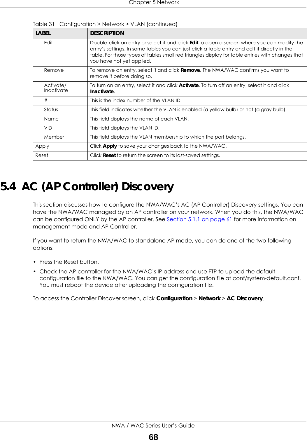  Chapter 5 NetworkNWA / WAC Series User’s Guide685.4  AC (AP Controller) DiscoveryThis section discusses how to configure the NWA/WAC’s AC (AP Controller) Discovery settings. You can have the NWA/WAC managed by an AP controller on your network. When you do this, the NWA/WAC can be configured ONLY by the AP controller. See Section 5.1.1 on page 61 for more information on management mode and AP Controller.If you want to return the NWA/WAC to standalone AP mode, you can do one of the two following options: • Press the Reset button.• Check the AP controller for the NWA/WAC’s IP address and use FTP to upload the default configuration file to the NWA/WAC. You can get the configuration file at conf/system-default.conf. You must reboot the device after uploading the configuration file. To access the Controller Discover screen, click Configuration &gt; Network &gt; AC Discovery.Edit Double-click an entry or select it and click Edit to open a screen where you can modify the entry’s settings. In some tables you can just click a table entry and edit it directly in the table. For those types of tables small red triangles display for table entries with changes that you have not yet applied.Remove To remove an entry, select it and click Remove. The NWA/WAC confirms you want to remove it before doing so.Activate/Inactivate To turn on an entry, select it and click Activate. To turn off an entry, select it and click Inactivate.# This is the index number of the VLAN ID Status This field indicates whether the VLAN is enabled (a yellow bulb) or not (a gray bulb).Name This field displays the name of each VLAN.VID This field displays the VLAN ID.Member This field displays the VLAN membership to which the port belongs.Apply Click Apply to save your changes back to the NWA/WAC.Reset Click Reset to return the screen to its last-saved settings. Table 31   Configuration &gt; Network &gt; VLAN (continued)LABEL  DESCRIPTION