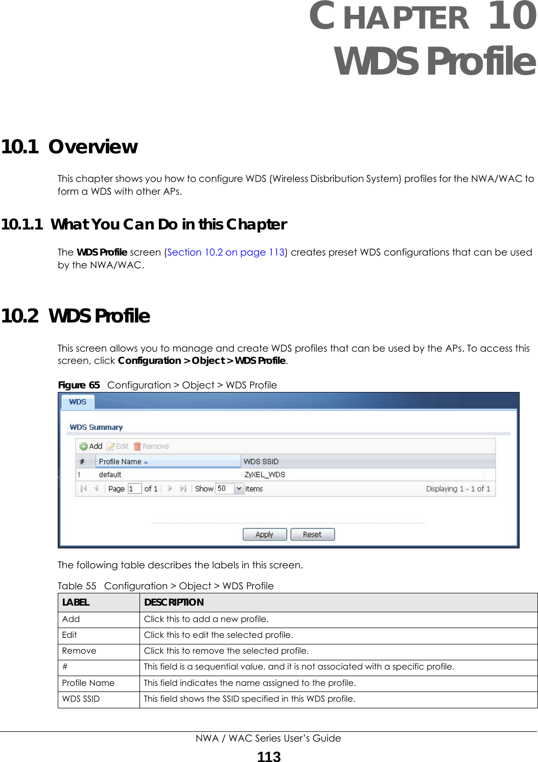 NWA / WAC Series User’s Guide113CHAPTER 10WDS Profile10.1  OverviewThis chapter shows you how to configure WDS (Wireless Disbribution System) profiles for the NWA/WAC to form a WDS with other APs.10.1.1  What You Can Do in this ChapterThe WDS Profile screen (Section 10.2 on page 113) creates preset WDS configurations that can be used by the NWA/WAC.10.2  WDS Profile This screen allows you to manage and create WDS profiles that can be used by the APs. To access this screen, click Configuration &gt; Object &gt; WDS Profile.Figure 65   Configuration &gt; Object &gt; WDS ProfileThe following table describes the labels in this screen.  Table 55   Configuration &gt; Object &gt; WDS ProfileLABEL DESCRIPTIONAdd Click this to add a new profile.Edit Click this to edit the selected profile.Remove Click this to remove the selected profile.# This field is a sequential value, and it is not associated with a specific profile.Profile Name This field indicates the name assigned to the profile.WDS SSID This field shows the SSID specified in this WDS profile.