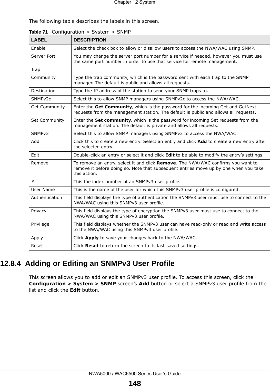 Chapter 12 SystemNWA5000 / WAC6500 Series User’s Guide148The following table describes the labels in this screen.  12.8.4  Adding or Editing an SNMPv3 User ProfileThis screen allows you to add or edit an SNMPv3 user profile. To access this screen, click the Configuration &gt; System &gt; SNMP screen’s Add button or select a SNMPv3 user profile from the list and click the Edit button.Table 71   Configuration &gt; System &gt; SNMPLABEL DESCRIPTIONEnable Select the check box to allow or disallow users to access the NWA/WAC using SNMP.Server Port You may change the server port number for a service if needed, however you must use the same port number in order to use that service for remote management.TrapCommunity Type the trap community, which is the password sent with each trap to the SNMP manager. The default is public and allows all requests.Destination Type the IP address of the station to send your SNMP traps to.SNMPv2c Select this to allow SNMP managers using SNMPv2c to access the NWA/WAC.Get Community Enter the Get Community, which is the password for the incoming Get and GetNext requests from the management station. The default is public and allows all requests.Set Community Enter the Set community, which is the password for incoming Set requests from the management station. The default is private and allows all requests.SNMPv3 Select this to allow SNMP managers using SNMPv3 to access the NWA/WAC.Add Click this to create a new entry. Select an entry and click Add to create a new entry after the selected entry.Edit Double-click an entry or select it and click Edit to be able to modify the entry’s settings. Remove To remove an entry, select it and click Remove. The NWA/WAC confirms you want to remove it before doing so. Note that subsequent entries move up by one when you take this action.#This the index number of an SNMPv3 user profile.User Name This is the name of the user for which this SNMPv3 user profile is configured.Authentication This field displays the type of authentication the SNMPv3 user must use to connect to the NWA/WAC using this SNMPv3 user profile.Privacy This field displays the type of encryption the SNMPv3 user must use to connect to the NWA/WAC using this SNMPv3 user profile.Privilege This field displays whether the SNMPv3 user can have read-only or read and write access to the NWA/WAC using this SNMPv3 user profile.Apply Click Apply to save your changes back to the NWA/WAC. Reset Click Reset to return the screen to its last-saved settings. 