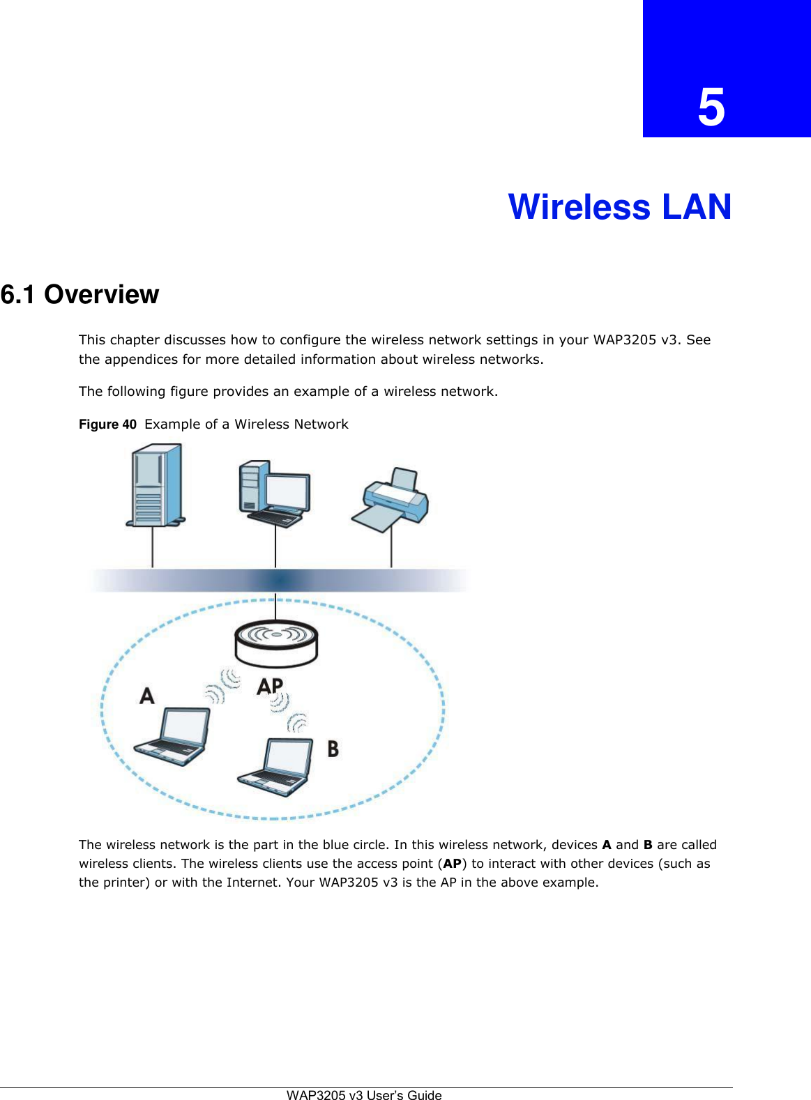   5    Wireless LAN    6.1 Overview  This chapter discusses how to configure the wireless network settings in your WAP3205 v3. See the appendices for more detailed information about wireless networks.  The following figure provides an example of a wireless network.  Figure 40  Example of a Wireless Network                            The wireless network is the part in the blue circle. In this wireless network, devices A and B are called wireless clients. The wireless clients use the access point (AP) to interact with other devices (such as the printer) or with the Internet. Your WAP3205 v3 is the AP in the above example.              WAP3205 v3 User’s Guide 