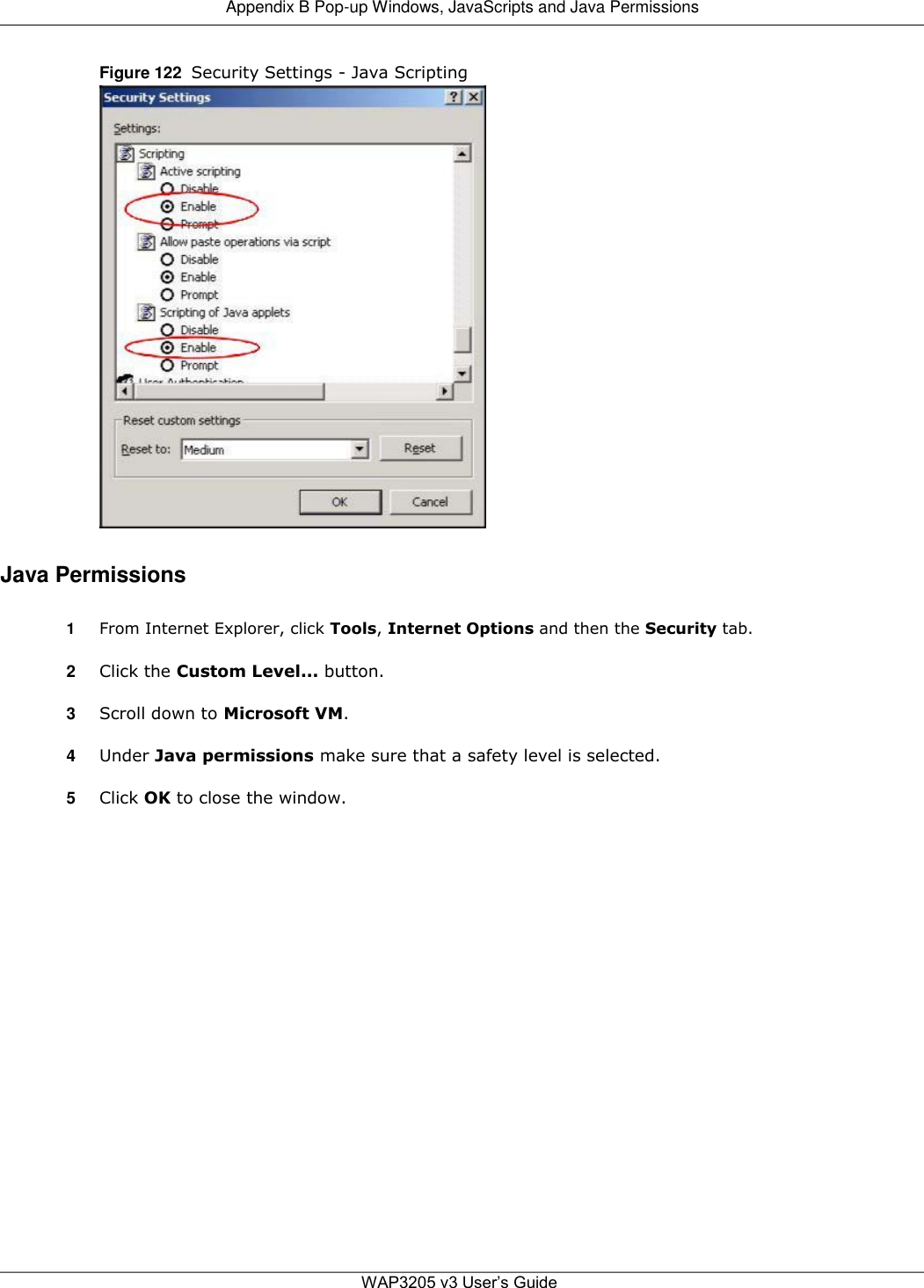  Appendix B Pop-up Windows, JavaScripts and Java Permissions   Figure 122  Security Settings - Java Scripting                           Java Permissions  1  From Internet Explorer, click Tools, Internet Options and then the Security tab.  2  Click the Custom Level... button.  3  Scroll down to Microsoft VM.  4  Under Java permissions make sure that a safety level is selected.  5  Click OK to close the window.                          WAP3205 v3 User’s Guide 