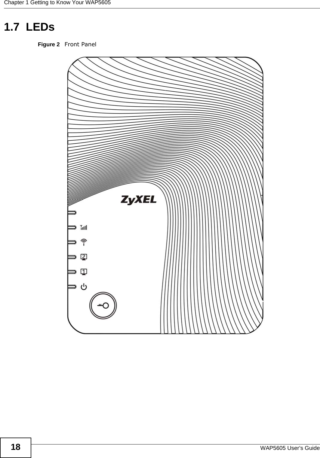 Chapter 1 Getting to Know Your WAP5605WAP5605 User’s Guide181.7  LEDsFigure 2   Front Panel