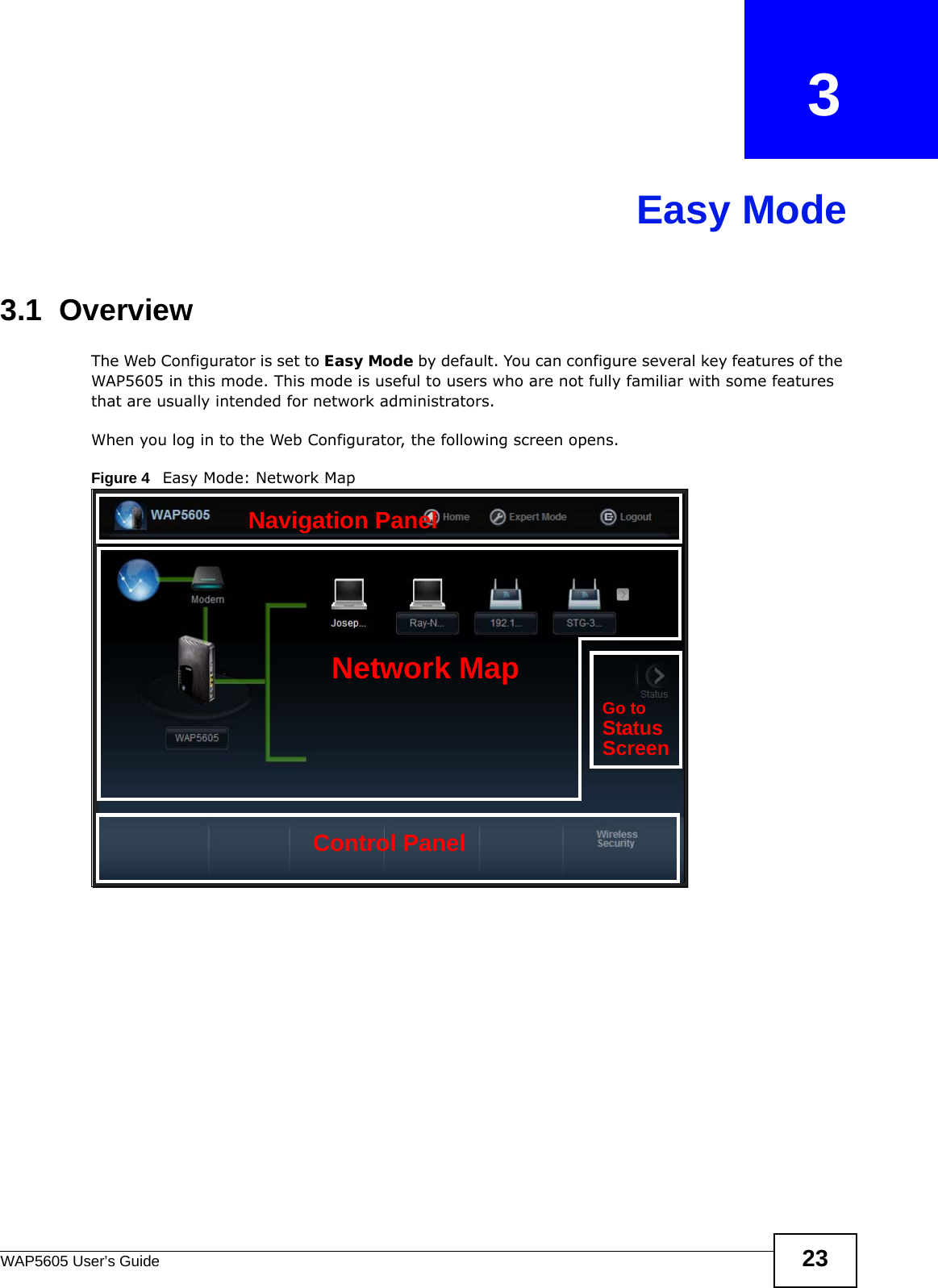 WAP5605 User’s Guide 23CHAPTER   3Easy Mode3.1  OverviewThe Web Configurator is set to Easy Mode by default. You can configure several key features of the WAP5605 in this mode. This mode is useful to users who are not fully familiar with some features that are usually intended for network administrators.When you log in to the Web Configurator, the following screen opens.Figure 4   Easy Mode: Network Map Network MapControl PanelGo toStatusScreenNavigation Panel