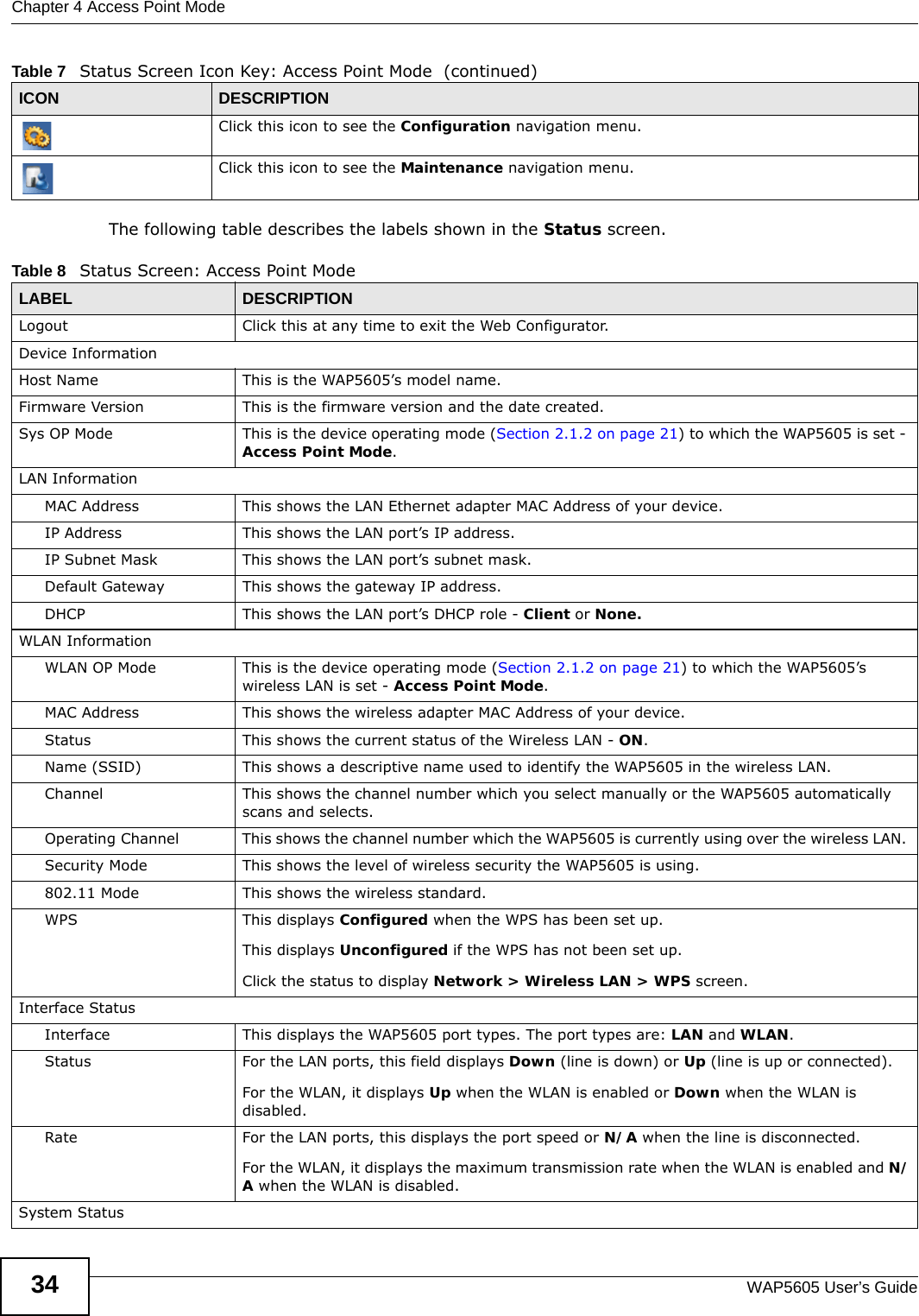 Chapter 4 Access Point ModeWAP5605 User’s Guide34The following table describes the labels shown in the Status screen.Click this icon to see the Configuration navigation menu. Click this icon to see the Maintenance navigation menu. Table 7   Status Screen Icon Key: Access Point Mode  (continued)ICON DESCRIPTIONTable 8   Status Screen: Access Point Mode LABEL DESCRIPTIONLogout Click this at any time to exit the Web Configurator.Device InformationHost Name This is the WAP5605’s model name.Firmware Version This is the firmware version and the date created. Sys OP Mode This is the device operating mode (Section 2.1.2 on page 21) to which the WAP5605 is set - Access Point Mode.LAN InformationMAC Address This shows the LAN Ethernet adapter MAC Address of your device.IP Address This shows the LAN port’s IP address.IP Subnet Mask This shows the LAN port’s subnet mask.Default Gateway This shows the gateway IP address.DHCP This shows the LAN port’s DHCP role - Client or None.WLAN InformationWLAN OP Mode This is the device operating mode (Section 2.1.2 on page 21) to which the WAP5605’s wireless LAN is set - Access Point Mode.MAC Address This shows the wireless adapter MAC Address of your device.Status This shows the current status of the Wireless LAN - ON.Name (SSID) This shows a descriptive name used to identify the WAP5605 in the wireless LAN. Channel This shows the channel number which you select manually or the WAP5605 automatically scans and selects.Operating Channel This shows the channel number which the WAP5605 is currently using over the wireless LAN. Security Mode This shows the level of wireless security the WAP5605 is using.802.11 Mode This shows the wireless standard.WPS This displays Configured when the WPS has been set up. This displays Unconfigured if the WPS has not been set up.Click the status to display Network &gt; Wireless LAN &gt; WPS screen.Interface StatusInterface This displays the WAP5605 port types. The port types are: LAN and WLAN.Status For the LAN ports, this field displays Down (line is down) or Up (line is up or connected).For the WLAN, it displays Up when the WLAN is enabled or Down when the WLAN is disabled.Rate For the LAN ports, this displays the port speed or N/A when the line is disconnected.For the WLAN, it displays the maximum transmission rate when the WLAN is enabled and N/A when the WLAN is disabled.System Status