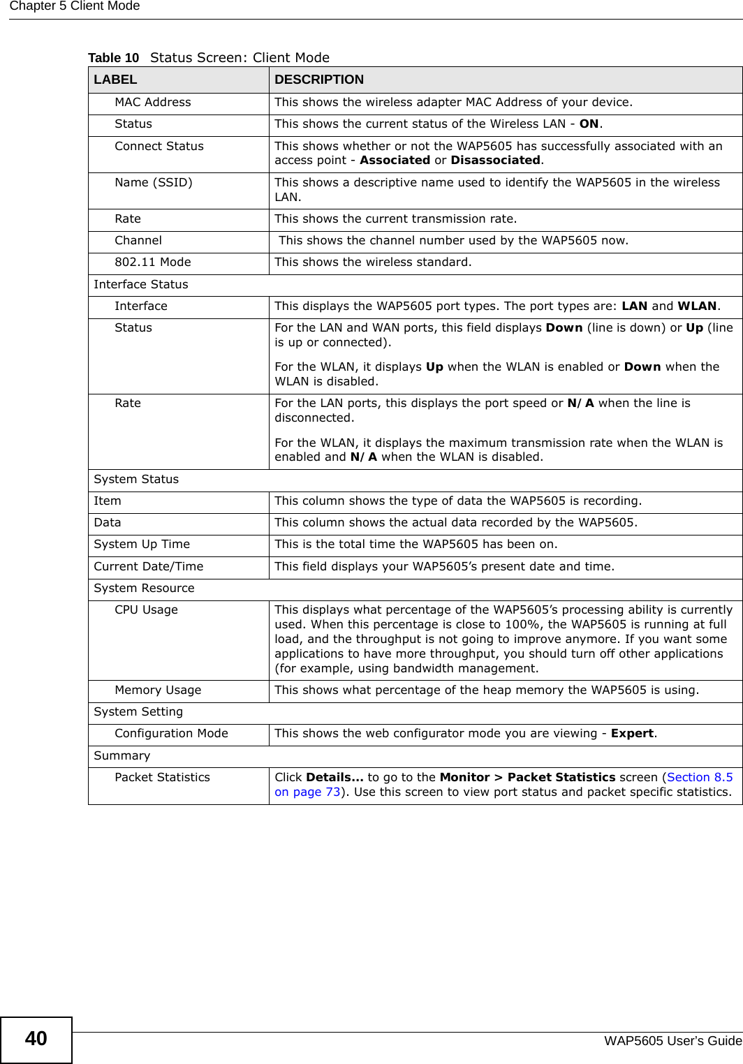 Chapter 5 Client ModeWAP5605 User’s Guide40MAC Address This shows the wireless adapter MAC Address of your device.Status This shows the current status of the Wireless LAN - ON.Connect Status This shows whether or not the WAP5605 has successfully associated with an access point - Associated or Disassociated.Name (SSID) This shows a descriptive name used to identify the WAP5605 in the wireless LAN. Rate  This shows the current transmission rate.Channel  This shows the channel number used by the WAP5605 now.802.11 Mode This shows the wireless standard.Interface StatusInterface This displays the WAP5605 port types. The port types are: LAN and WLAN.Status For the LAN and WAN ports, this field displays Down (line is down) or Up (line is up or connected).For the WLAN, it displays Up when the WLAN is enabled or Down when the WLAN is disabled.Rate For the LAN ports, this displays the port speed or N/A when the line is disconnected.For the WLAN, it displays the maximum transmission rate when the WLAN is enabled and N/A when the WLAN is disabled.System StatusItem This column shows the type of data the WAP5605 is recording.Data This column shows the actual data recorded by the WAP5605.System Up Time This is the total time the WAP5605 has been on.Current Date/Time This field displays your WAP5605’s present date and time.System ResourceCPU Usage This displays what percentage of the WAP5605’s processing ability is currently used. When this percentage is close to 100%, the WAP5605 is running at full load, and the throughput is not going to improve anymore. If you want some applications to have more throughput, you should turn off other applications (for example, using bandwidth management.Memory Usage This shows what percentage of the heap memory the WAP5605 is using. System SettingConfiguration Mode This shows the web configurator mode you are viewing - Expert.SummaryPacket Statistics Click Details... to go to the Monitor &gt; Packet Statistics screen (Section 8.5 on page 73). Use this screen to view port status and packet specific statistics.Table 10   Status Screen: Client Mode LABEL DESCRIPTION