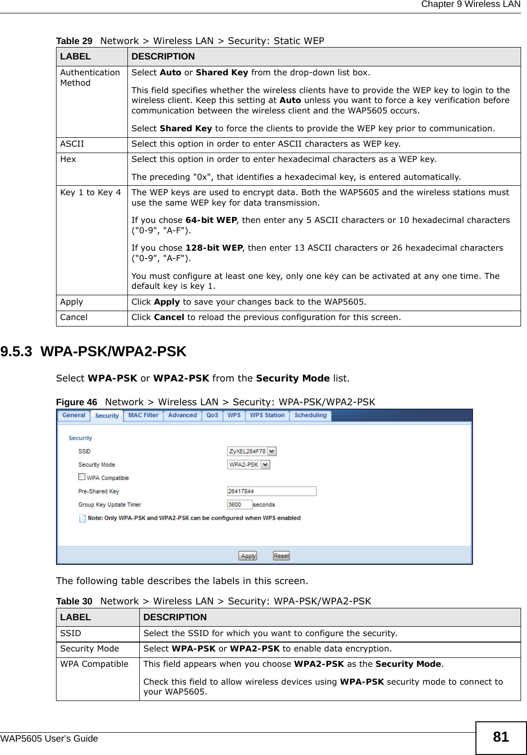  Chapter 9 Wireless LANWAP5605 User’s Guide 819.5.3  WPA-PSK/WPA2-PSKSelect WPA-PSK or WPA2-PSK from the Security Mode list.Figure 46   Network &gt; Wireless LAN &gt; Security: WPA-PSK/WPA2-PSKThe following table describes the labels in this screen.Authentication MethodSelect Auto or Shared Key from the drop-down list box.This field specifies whether the wireless clients have to provide the WEP key to login to the wireless client. Keep this setting at Auto unless you want to force a key verification before communication between the wireless client and the WAP5605 occurs. Select Shared Key to force the clients to provide the WEP key prior to communication.  ASCII Select this option in order to enter ASCII characters as WEP key. Hex Select this option in order to enter hexadecimal characters as a WEP key. The preceding &quot;0x&quot;, that identifies a hexadecimal key, is entered automatically.Key 1 to Key 4 The WEP keys are used to encrypt data. Both the WAP5605 and the wireless stations must use the same WEP key for data transmission.If you chose 64-bit WEP, then enter any 5 ASCII characters or 10 hexadecimal characters (&quot;0-9&quot;, &quot;A-F&quot;).If you chose 128-bit WEP, then enter 13 ASCII characters or 26 hexadecimal characters (&quot;0-9&quot;, &quot;A-F&quot;). You must configure at least one key, only one key can be activated at any one time. The default key is key 1.Apply Click Apply to save your changes back to the WAP5605.Cancel Click Cancel to reload the previous configuration for this screen.Table 29   Network &gt; Wireless LAN &gt; Security: Static WEPLABEL DESCRIPTIONTable 30   Network &gt; Wireless LAN &gt; Security: WPA-PSK/WPA2-PSKLABEL DESCRIPTIONSSID Select the SSID for which you want to configure the security.Security Mode Select WPA-PSK or WPA2-PSK to enable data encryption.WPA Compatible This field appears when you choose WPA2-PSK as the Security Mode.Check this field to allow wireless devices using WPA-PSK security mode to connect to your WAP5605.