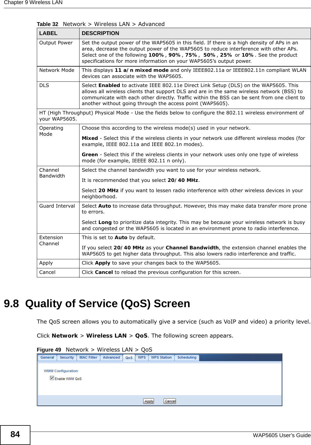 Chapter 9 Wireless LANWAP5605 User’s Guide849.8  Quality of Service (QoS) Screen  The QoS screen allows you to automatically give a service (such as VoIP and video) a priority level.Click Network &gt; Wireless LAN &gt; QoS. The following screen appears.Figure 49   Network &gt; Wireless LAN &gt; QoS Output Power Set the output power of the WAP5605 in this field. If there is a high density of APs in an area, decrease the output power of the WAP5605 to reduce interference with other APs. Select one of the following 100%, 90%, 75%,  50%, 25% or 10%. See the product specifications for more information on your WAP5605’s output power.Network Mode This displays 11 a/n mixed mode and only IEEE802.11a or IEEE802.11n compliant WLAN devices can associate with the WAP5605. DLS Select Enabled to activate IEEE 802.11e Direct Link Setup (DLS) on the WAP5605. This allows all wireless clients that support DLS and are in the same wireless network (BSS) to communicate with each other directly. Traffic within the BSS can be sent from one client to another without going through the access point (WAP5605).HT (High Throughput) Physical Mode - Use the fields below to configure the 802.11 wireless environment of your WAP5605. Operating ModeChoose this according to the wireless mode(s) used in your network.Mixed - Select this if the wireless clients in your network use different wireless modes (for example, IEEE 802.11a and IEEE 802.1n modes).Green - Select this if the wireless clients in your network uses only one type of wireless mode (for example, IEEEE 802.11 n only).Channel BandwidthSelect the channel bandwidth you want to use for your wireless network.It is recommended that you select 20/40 MHz. Select 20 MHz if you want to lessen radio interference with other wireless devices in your neighborhood.Guard Interval Select Auto to increase data throughput. However, this may make data transfer more prone to errors.Select Long to prioritize data integrity. This may be because your wireless network is busy and congested or the WAP5605 is located in an environment prone to radio interference.Extension ChannelThis is set to Auto by default. If you select 20/40 MHz as your Channel Bandwidth, the extension channel enables the WAP5605 to get higher data throughput. This also lowers radio interference and traffic.Apply Click Apply to save your changes back to the WAP5605.Cancel Click Cancel to reload the previous configuration for this screen.Table 32   Network &gt; Wireless LAN &gt; AdvancedLABEL DESCRIPTION