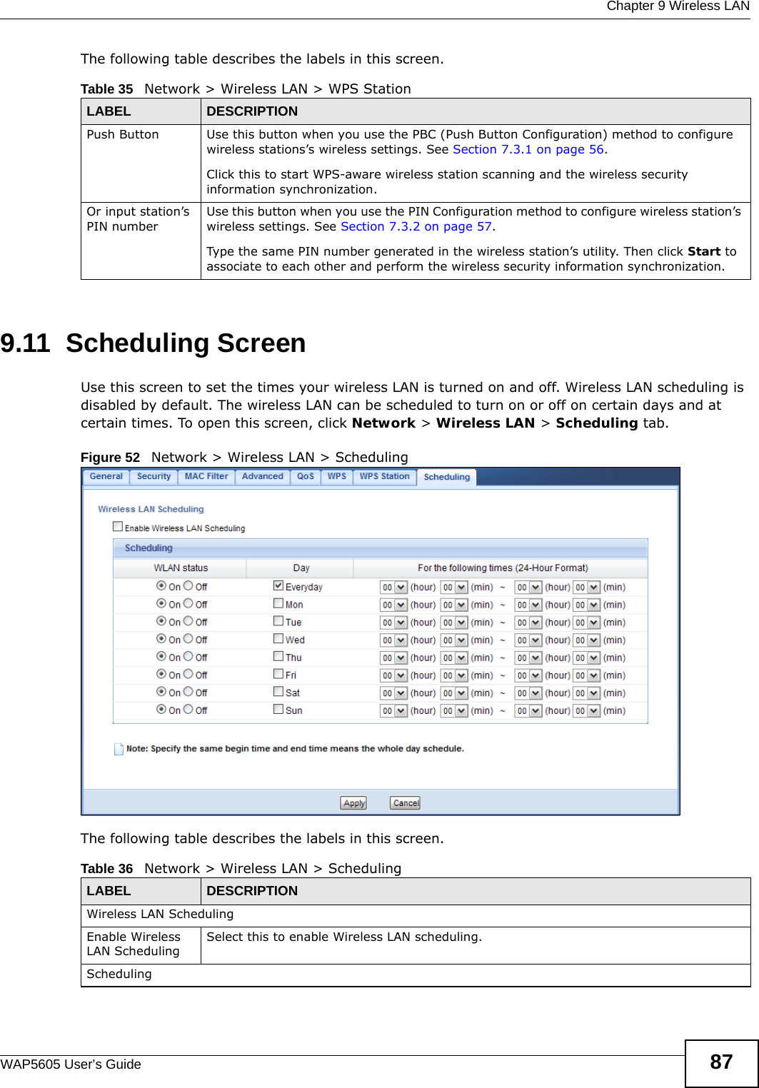  Chapter 9 Wireless LANWAP5605 User’s Guide 87The following table describes the labels in this screen.9.11  Scheduling Screen Use this screen to set the times your wireless LAN is turned on and off. Wireless LAN scheduling is disabled by default. The wireless LAN can be scheduled to turn on or off on certain days and at certain times. To open this screen, click Network &gt; Wireless LAN &gt; Scheduling tab.Figure 52   Network &gt; Wireless LAN &gt; SchedulingThe following table describes the labels in this screen.Table 35   Network &gt; Wireless LAN &gt; WPS StationLABEL DESCRIPTIONPush Button Use this button when you use the PBC (Push Button Configuration) method to configure wireless stations’s wireless settings. See Section 7.3.1 on page 56.Click this to start WPS-aware wireless station scanning and the wireless security information synchronization. Or input station’s PIN numberUse this button when you use the PIN Configuration method to configure wireless station’s wireless settings. See Section 7.3.2 on page 57.Type the same PIN number generated in the wireless station’s utility. Then click Start to associate to each other and perform the wireless security information synchronization. Table 36   Network &gt; Wireless LAN &gt; SchedulingLABEL DESCRIPTIONWireless LAN SchedulingEnable Wireless LAN SchedulingSelect this to enable Wireless LAN scheduling.Scheduling