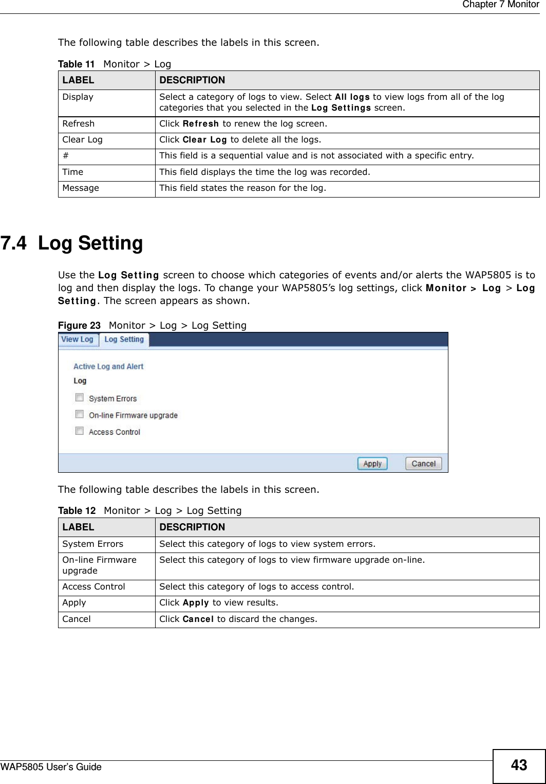  Chapter 7 MonitorWAP5805 User’s Guide 43The following table describes the labels in this screen. 7.4  Log Setting Use the Log Setting screen to choose which categories of events and/or alerts the WAP5805 is to log and then display the logs. To change your WAP5805’s log settings, click Monitor &gt; Log &gt; Log Setting. The screen appears as shown.Figure 23   Monitor &gt; Log &gt; Log SettingThe following table describes the labels in this screen. Table 11   Monitor &gt; LogLABEL DESCRIPTIONDisplay  Select a category of logs to view. Select All logs to view logs from all of the log categories that you selected in the Log Settings screen.Refresh Click Refresh to renew the log screen. Clear Log Click Clear Log to delete all the logs. #This field is a sequential value and is not associated with a specific entry.Time  This field displays the time the log was recorded. Message This field states the reason for the log.Table 12   Monitor &gt; Log &gt; Log SettingLABEL DESCRIPTIONSystem Errors  Select this category of logs to view system errors.On-line Firmware upgradeSelect this category of logs to view firmware upgrade on-line.Access Control Select this category of logs to access control.Apply Click Apply to view results.Cancel  Click Cancel to discard the changes.