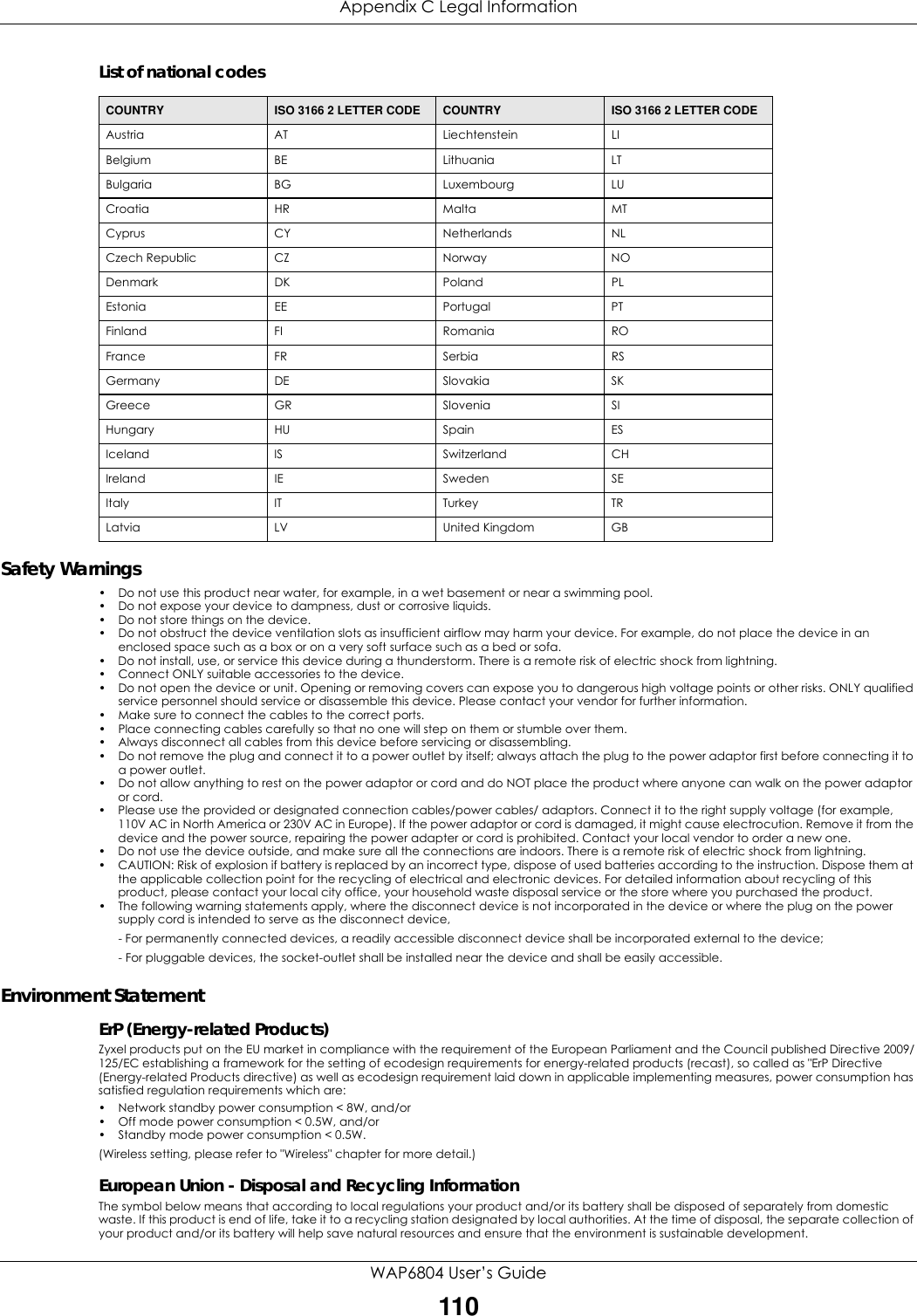 Appendix C Legal InformationWAP6804 User’s Guide110List of national codesSafety Warnings• Do not use this product near water, for example, in a wet basement or near a swimming pool.• Do not expose your device to dampness, dust or corrosive liquids.• Do not store things on the device.• Do not obstruct the device ventilation slots as insufficient airflow may harm your device. For example, do not place the device in an enclosed space such as a box or on a very soft surface such as a bed or sofa.• Do not install, use, or service this device during a thunderstorm. There is a remote risk of electric shock from lightning.• Connect ONLY suitable accessories to the device.• Do not open the device or unit. Opening or removing covers can expose you to dangerous high voltage points or other risks. ONLY qualified service personnel should service or disassemble this device. Please contact your vendor for further information.• Make sure to connect the cables to the correct ports.• Place connecting cables carefully so that no one will step on them or stumble over them.• Always disconnect all cables from this device before servicing or disassembling.• Do not remove the plug and connect it to a power outlet by itself; always attach the plug to the power adaptor first before connecting it to a power outlet.• Do not allow anything to rest on the power adaptor or cord and do NOT place the product where anyone can walk on the power adaptor or cord.• Please use the provided or designated connection cables/power cables/ adaptors. Connect it to the right supply voltage (for example, 110V AC in North America or 230V AC in Europe). If the power adaptor or cord is damaged, it might cause electrocution. Remove it from the device and the power source, repairing the power adapter or cord is prohibited. Contact your local vendor to order a new one.• Do not use the device outside, and make sure all the connections are indoors. There is a remote risk of electric shock from lightning.• CAUTION: Risk of explosion if battery is replaced by an incorrect type, dispose of used batteries according to the instruction. Dispose them at the applicable collection point for the recycling of electrical and electronic devices. For detailed information about recycling of this product, please contact your local city office, your household waste disposal service or the store where you purchased the product.• The following warning statements apply, where the disconnect device is not incorporated in the device or where the plug on the power supply cord is intended to serve as the disconnect device,- For permanently connected devices, a readily accessible disconnect device shall be incorporated external to the device;- For pluggable devices, the socket-outlet shall be installed near the device and shall be easily accessible.Environment StatementErP (Energy-related Products) Zyxel products put on the EU market in compliance with the requirement of the European Parliament and the Council published Directive 2009/125/EC establishing a framework for the setting of ecodesign requirements for energy-related products (recast), so called as &quot;ErP Directive (Energy-related Products directive) as well as ecodesign requirement laid down in applicable implementing measures, power consumption has satisfied regulation requirements which are:• Network standby power consumption &lt; 8W, and/or• Off mode power consumption &lt; 0.5W, and/or• Standby mode power consumption &lt; 0.5W.(Wireless setting, please refer to &quot;Wireless&quot; chapter for more detail.)European Union - Disposal and Recycling InformationThe symbol below means that according to local regulations your product and/or its battery shall be disposed of separately from domestic waste. If this product is end of life, take it to a recycling station designated by local authorities. At the time of disposal, the separate collection of your product and/or its battery will help save natural resources and ensure that the environment is sustainable development.COUNTRY ISO 3166 2 LETTER CODE COUNTRY ISO 3166 2 LETTER CODEAustria AT Liechtenstein LIBelgium BE Lithuania LTBulgaria BG Luxembourg LUCroatia HR Malta MTCyprus CY Netherlands NLCzech Republic CZ Norway NODenmark DK Poland PLEstonia EE Portugal PTFinland FI Romania ROFrance FR Serbia RSGermany DE Slovakia SKGreece GR Slovenia SIHungary HU Spain ESIceland IS Switzerland CHIreland IE Sweden SEItaly IT Turkey TRLatvia LV United Kingdom GB