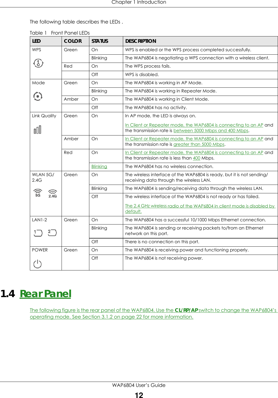 Chapter 1 IntroductionWAP6804 User’s Guide12The following table describes the LEDs .1.4  Rear PanelThe following figure is the rear panel of the WAP6804. Use the CL/RP/AP switch to change the WAP6804’s operating mode. See Section 3.1.2 on page 22 for more information.Table 1   Front Panel LEDsLED COLOR STATUS DESCRIPTIONWPS Green On WPS is enabled or the WPS process completed successfully.Blinking The WAP6804 is negotiating a WPS connection with a wireless client.Red On The WPS process fails.Off WPS is disabled.Mode Green On The WAP6804 is working in AP Mode.Blinking The WAP6804 is working in Repeater Mode.Amber On The WAP6804 is working in Client Mode.Off The WAP6804 has no activity.Link Quality Green On In AP mode, the LED is always on.In Client or Repeater mode, the WAP6804 is connecting to an AP and the transmission rate is between 5000 Mbps and 400 Mbps.Amber On In Client or Repeater mode, the WAP6804 is connecting to an AP and the transmission rate is greater than 5000 Mbps.Red On In Client or Repeater mode, the WAP6804 is connecting to an AP and the transmission rate is less than 400 Mbps.Blinking The WAP6804 has no wireless connection.WLAN 5G/2.4G Green On The wireless interface of the WAP6804 is ready, but it is not sending/receiving data through the wireless LAN. Blinking The WAP6804 is sending/receiving data through the wireless LAN.Off The wireless interface of the WAP6804 is not ready or has failed.The 2.4 GHz wireless radio of the WAP6804 in client mode is disabled by default.LAN1-2  Green On The WAP6804 has a successful 10/1000 Mbps Ethernet connection.Blinking The WAP6804 is sending or receiving packets to/from an Ethernet network on this port.Off There is no connection on this port.POWER Green On The WAP6804 is receiving power and functioning properly. Off The WAP6804 is not receiving power.