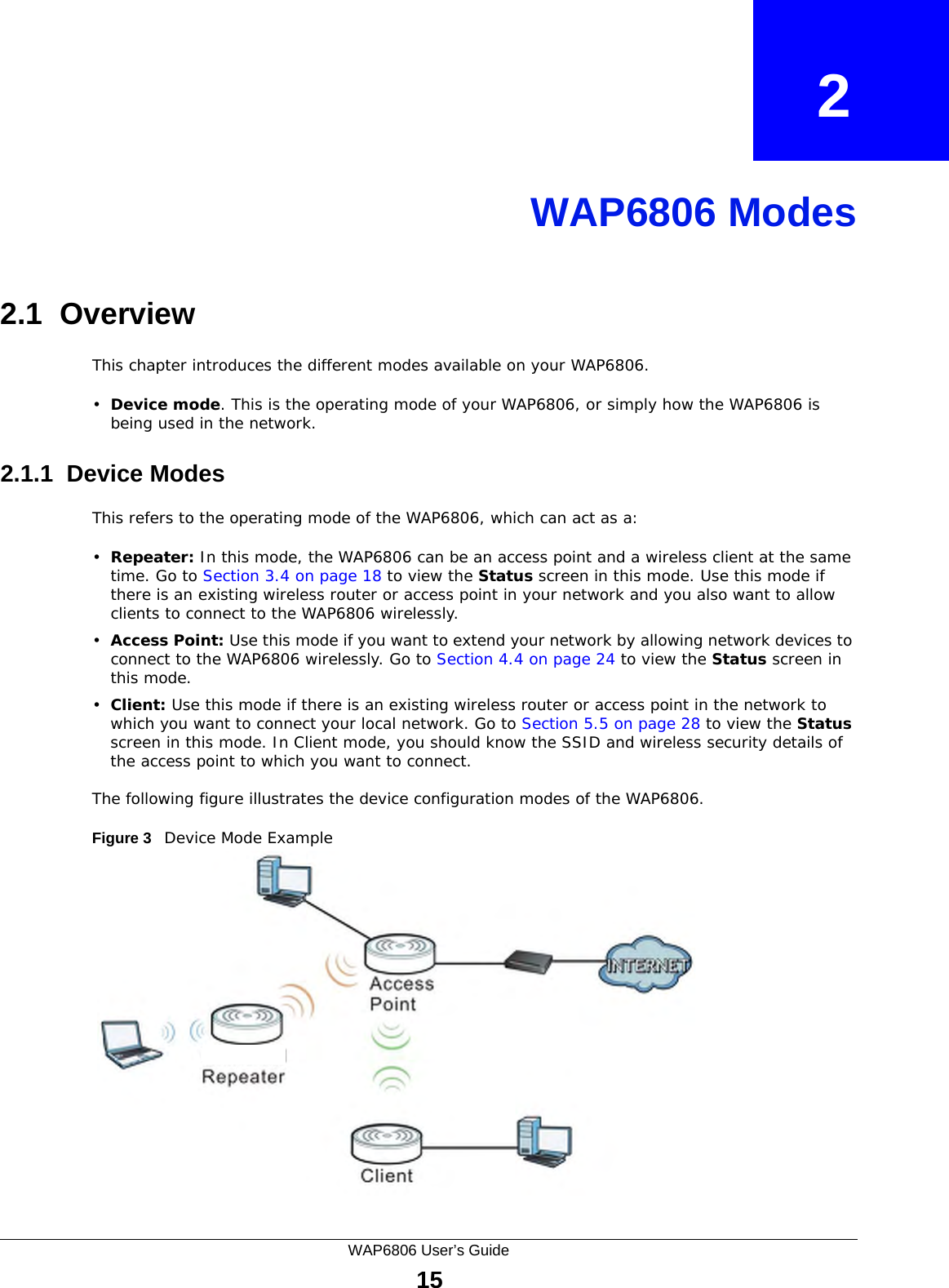 WAP6806 User’s Guide15CHAPTER   2WAP6806 Modes2.1  OverviewThis chapter introduces the different modes available on your WAP6806. •Device mode. This is the operating mode of your WAP6806, or simply how the WAP6806 is being used in the network. 2.1.1  Device ModesThis refers to the operating mode of the WAP6806, which can act as a:•Repeater: In this mode, the WAP6806 can be an access point and a wireless client at the same time. Go to Section 3.4 on page 18 to view the Status screen in this mode. Use this mode if there is an existing wireless router or access point in your network and you also want to allow clients to connect to the WAP6806 wirelessly. •Access Point: Use this mode if you want to extend your network by allowing network devices to connect to the WAP6806 wirelessly. Go to Section 4.4 on page 24 to view the Status screen in this mode. •Client: Use this mode if there is an existing wireless router or access point in the network to which you want to connect your local network. Go to Section 5.5 on page 28 to view the Status screen in this mode. In Client mode, you should know the SSID and wireless security details of the access point to which you want to connect.The following figure illustrates the device configuration modes of the WAP6806.Figure 3   Device Mode Example 