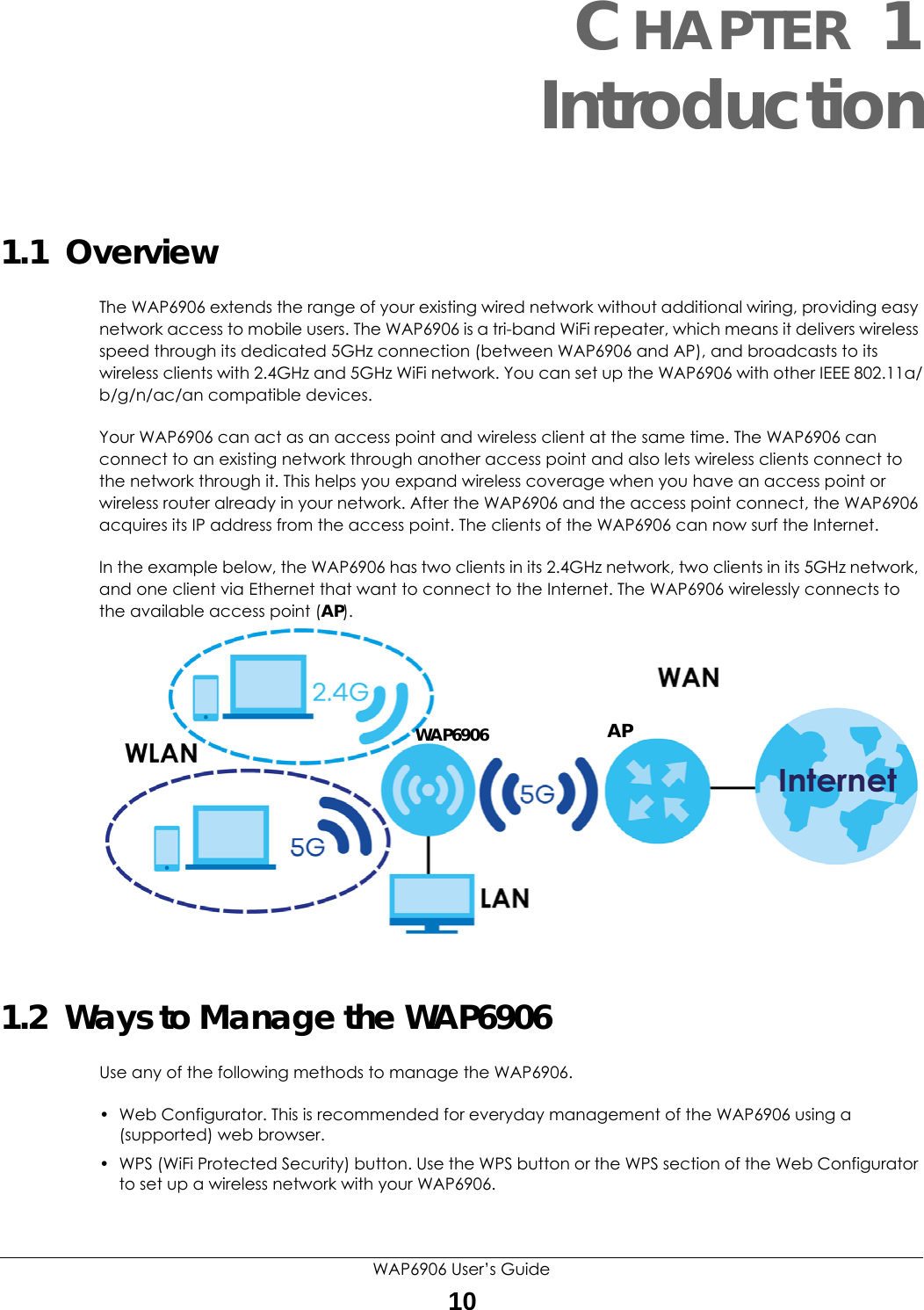 WAP6906 User’s Guide10CHAPTER 1Introduction1.1  OverviewThe WAP6906 extends the range of your existing wired network without additional wiring, providing easy network access to mobile users. The WAP6906 is a tri-band WiFi repeater, which means it delivers wireless speed through its dedicated 5GHz connection (between WAP6906 and AP), and broadcasts to its wireless clients with 2.4GHz and 5GHz WiFi network. You can set up the WAP6906 with other IEEE 802.11a/b/g/n/ac/an compatible devices.Your WAP6906 can act as an access point and wireless client at the same time. The WAP6906 can connect to an existing network through another access point and also lets wireless clients connect to the network through it. This helps you expand wireless coverage when you have an access point or wireless router already in your network. After the WAP6906 and the access point connect, the WAP6906 acquires its IP address from the access point. The clients of the WAP6906 can now surf the Internet.In the example below, the WAP6906 has two clients in its 2.4GHz network, two clients in its 5GHz network, and one client via Ethernet that want to connect to the Internet. The WAP6906 wirelessly connects to the available access point (AP). 1.2  Ways to Manage the WAP6906Use any of the following methods to manage the WAP6906.• Web Configurator. This is recommended for everyday management of the WAP6906 using a (supported) web browser.• WPS (WiFi Protected Security) button. Use the WPS button or the WPS section of the Web Configurator to set up a wireless network with your WAP6906. WAP6906 AP