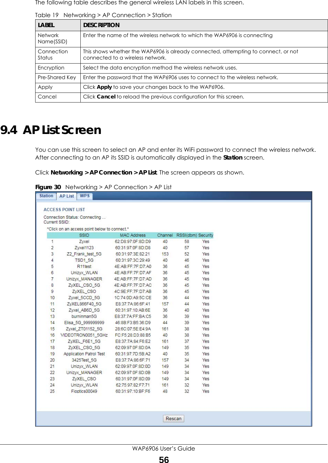 WAP6906 User’s Guide56The following table describes the general wireless LAN labels in this screen.9.4  AP List ScreenYou can use this screen to select an AP and enter its WiFi password to connect the wireless network. After connecting to an AP its SSID is automatically displayed in the Station screen.Click Networking &gt; AP Connection &gt; AP List. The screen appears as shown.Figure 30   Networking &gt; AP Connection &gt; AP List  Table 19   Networking &gt; AP Connection &gt; StationLABEL DESCRIPTIONNetwork Name(SSID)Enter the name of the wireless network to which the WAP6906 is connectingConnection StatusThis shows whether the WAP6906 is already connected, attempting to connect, or not connected to a wireless network.Encryption Select the data encryption method the wireless network uses.Pre-Shared Key Enter the password that the WAP6906 uses to connect to the wireless network. Apply Click Apply to save your changes back to the WAP6906.Cancel Click Cancel to reload the previous configuration for this screen.