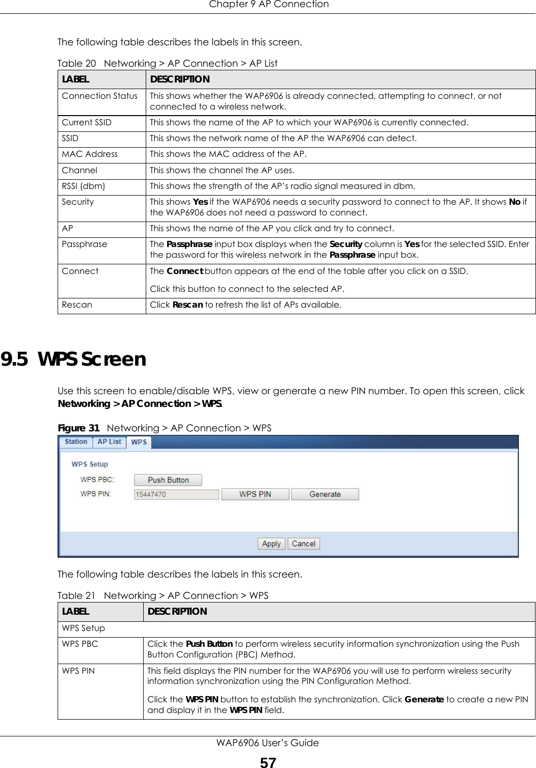 Chapter 9 AP ConnectionWAP6906 User’s Guide57The following table describes the labels in this screen. 9.5  WPS ScreenUse this screen to enable/disable WPS, view or generate a new PIN number. To open this screen, click Networking &gt; AP Connection &gt; WPS.Figure 31   Networking &gt; AP Connection &gt; WPSThe following table describes the labels in this screen.Table 20   Networking &gt; AP Connection &gt; AP ListLABEL DESCRIPTIONConnection Status This shows whether the WAP6906 is already connected, attempting to connect, or not connected to a wireless network.Current SSID This shows the name of the AP to which your WAP6906 is currently connected.SSID This shows the network name of the AP the WAP6906 can detect.MAC Address This shows the MAC address of the AP.Channel This shows the channel the AP uses.RSSI (dbm) This shows the strength of the AP’s radio signal measured in dbm.Security This shows Yes if the WAP6906 needs a security password to connect to the AP. It shows No if the WAP6906 does not need a password to connect.AP This shows the name of the AP you click and try to connect.Passphrase The Passphrase input box displays when the Security column is Yes for the selected SSID. Enter the password for this wireless network in the Passphrase input box.Connect The Connect button appears at the end of the table after you click on a SSID.Click this button to connect to the selected AP.Rescan Click Rescan to refresh the list of APs available.Table 21   Networking &gt; AP Connection &gt; WPSLABEL DESCRIPTIONWPS SetupWPS PBC Click the Push Button to perform wireless security information synchronization using the Push Button Configuration (PBC) Method.WPS PIN This field displays the PIN number for the WAP6906 you will use to perform wireless security information synchronization using the PIN Configuration Method.Click the WPS PIN button to establish the synchronization. Click Generate to create a new PIN and display it in the WPS PIN field.