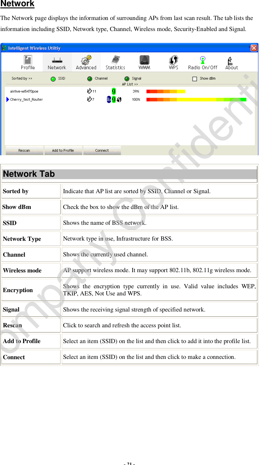  - 21 - Network The Network page displays the information of surrounding APs from last scan result. The tab lists the information including SSID, Network type, Channel, Wireless mode, Security-Enabled and Signal.  Network Tab Sorted by Indicate that AP list are sorted by SSID, Channel or Signal. Show dBm  Check the box to show the dBm of the AP list. SSID  Shows the name of BSS network. Network Type Network type in use, Infrastructure for BSS. Channel  Shows the currently used channel. Wireless mode  AP support wireless mode. It may support 802.11b, 802.11g wireless mode. Encryption  Shows the encryption type currently in use. Valid value includes WEP, TKIP, AES, Not Use and WPS. Signal  Shows the receiving signal strength of specified network. Rescan  Click to search and refresh the access point list. Add to Profile  Select an item (SSID) on the list and then click to add it into the profile list. Connect  Select an item (SSID) on the list and then click to make a connection.   Company Confidential