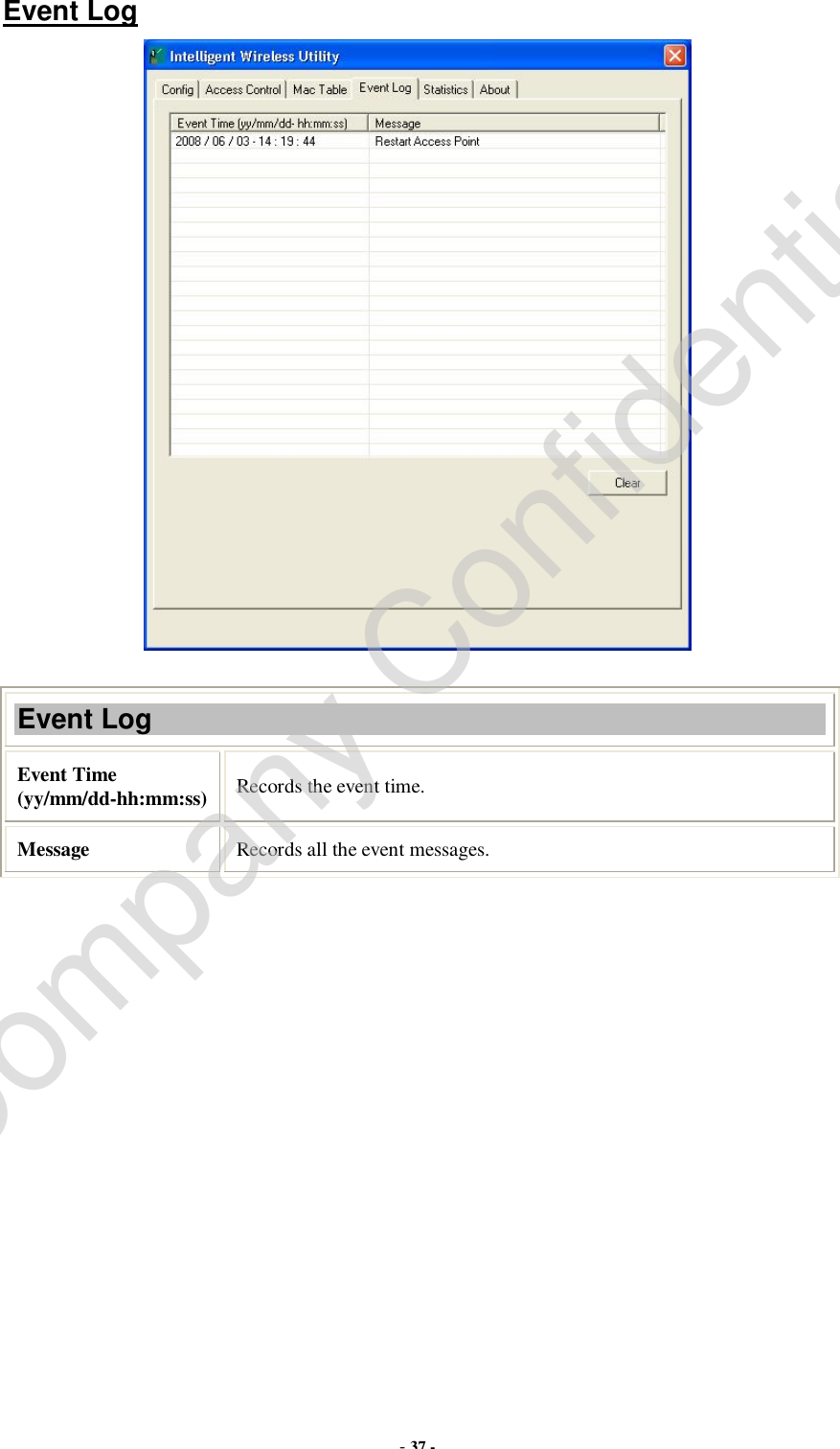  - 37 -  Event Log   Event Log Event Time (yy/mm/dd-hh:mm:ss) Records the event time. Message  Records all the event messages. Company Confidential