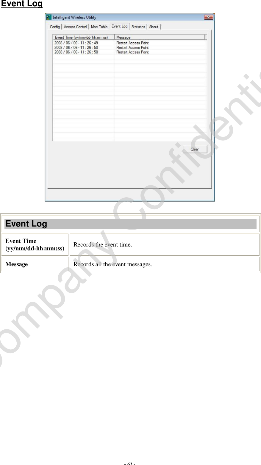  - 62 - Event Log   Event Log Event Time (yy/mm/dd-hh:mm:ss) Records the event time. Message  Records all the event messages.    Company Confidential