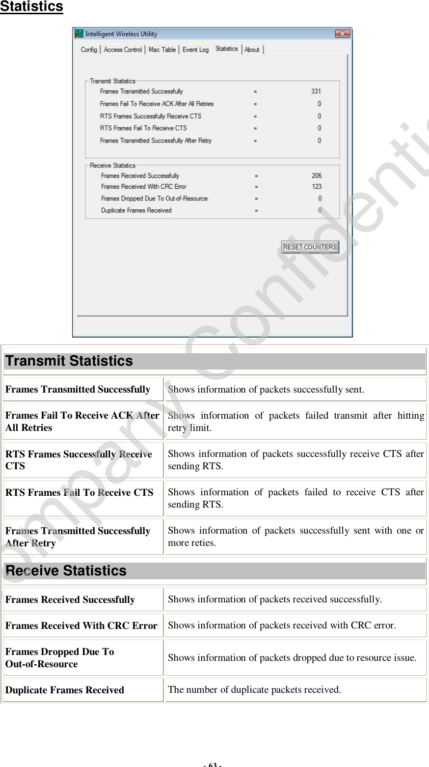 - 63 - Statistics  Transmit Statistics Frames Transmitted Successfully  Shows information of packets successfully sent. Frames Fail To Receive ACK After All Retries  Shows information of packets failed transmit after hitting retry limit. RTS Frames Successfully Receive CTS  Shows information of packets successfully receive CTS after sending RTS. RTS Frames Fail To Receive CTS  Shows information of packets failed to receive CTS after sending RTS. Frames Transmitted Successfully After Retry  Shows information of packets successfully sent with one or more reties. Receive Statistics Frames Received Successfully  Shows information of packets received successfully. Frames Received With CRC Error Shows information of packets received with CRC error. Frames Dropped Due To Out-of-Resource  Shows information of packets dropped due to resource issue. Duplicate Frames Received  The number of duplicate packets received. Company Confidential
