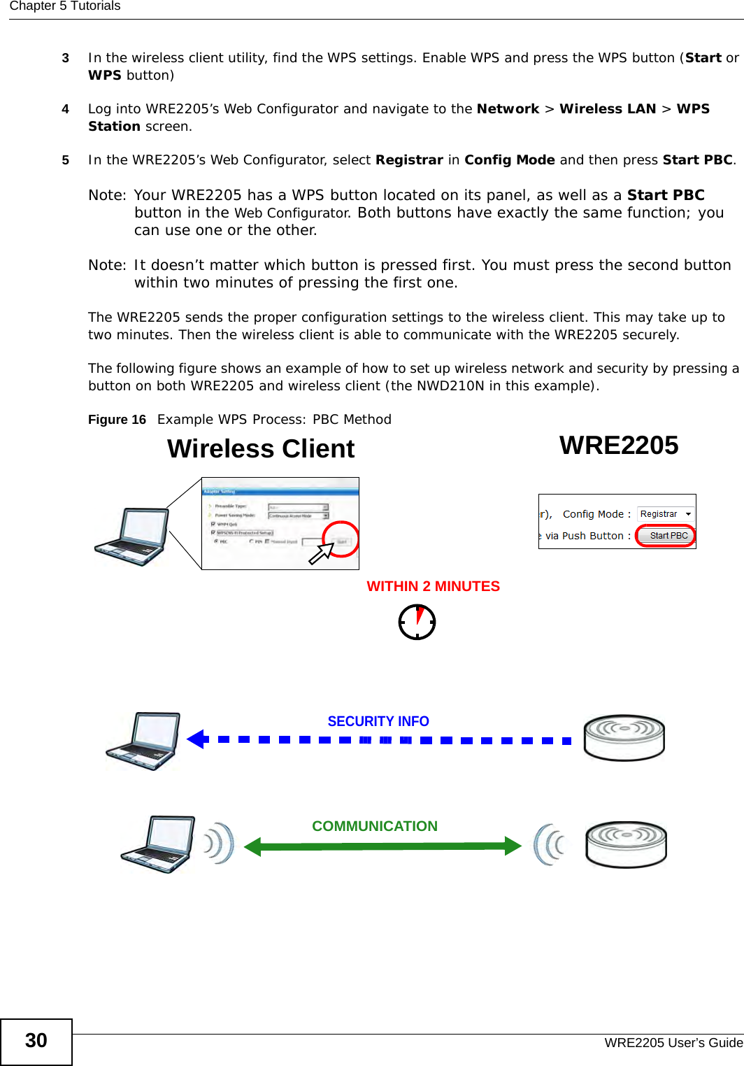 Chapter 5 TutorialsWRE2205 User’s Guide303In the wireless client utility, find the WPS settings. Enable WPS and press the WPS button (Start or WPS button)4Log into WRE2205’s Web Configurator and navigate to the Network &gt; Wireless LAN &gt; WPS Station screen. 5In the WRE2205’s Web Configurator, select Registrar in Config Mode and then press Start PBC.Note: Your WRE2205 has a WPS button located on its panel, as well as a Start PBC button in the Web Configurator. Both buttons have exactly the same function; you can use one or the other.Note: It doesn’t matter which button is pressed first. You must press the second button within two minutes of pressing the first one. The WRE2205 sends the proper configuration settings to the wireless client. This may take up to two minutes. Then the wireless client is able to communicate with the WRE2205 securely. The following figure shows an example of how to set up wireless network and security by pressing a button on both WRE2205 and wireless client (the NWD210N in this example).Figure 16   Example WPS Process: PBC MethodWireless Client WRE2205SECURITY INFOCOMMUNICATIONWITHIN 2 MINUTES