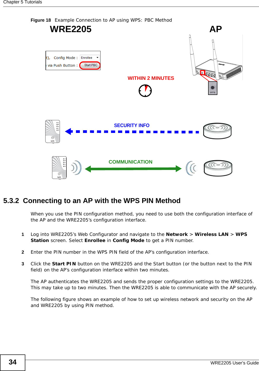 Chapter 5 TutorialsWRE2205 User’s Guide34Figure 18   Example Connection to AP using WPS: PBC Method5.3.2  Connecting to an AP with the WPS PIN MethodWhen you use the PIN configuration method, you need to use both the configuration interface of the AP and the WRE2205’s configuration interface.1Log into WRE2205’s Web Configurator and navigate to the Network &gt; Wireless LAN &gt; WPS Station screen. Select Enrollee in Config Mode to get a PIN number.2Enter the PIN number in the WPS PIN field of the AP’s configuration interface.3Click the Start PIN button on the WRE2205 and the Start button (or the button next to the PIN field) on the AP’s configuration interface within two minutes.The AP authenticates the WRE2205 and sends the proper configuration settings to the WRE2205. This may take up to two minutes. Then the WRE2205 is able to communicate with the AP securely. The following figure shows an example of how to set up wireless network and security on the AP and WRE2205 by using PIN method. WRE2205SECURITY INFOCOMMUNICATIONWITHIN 2 MINUTESAP