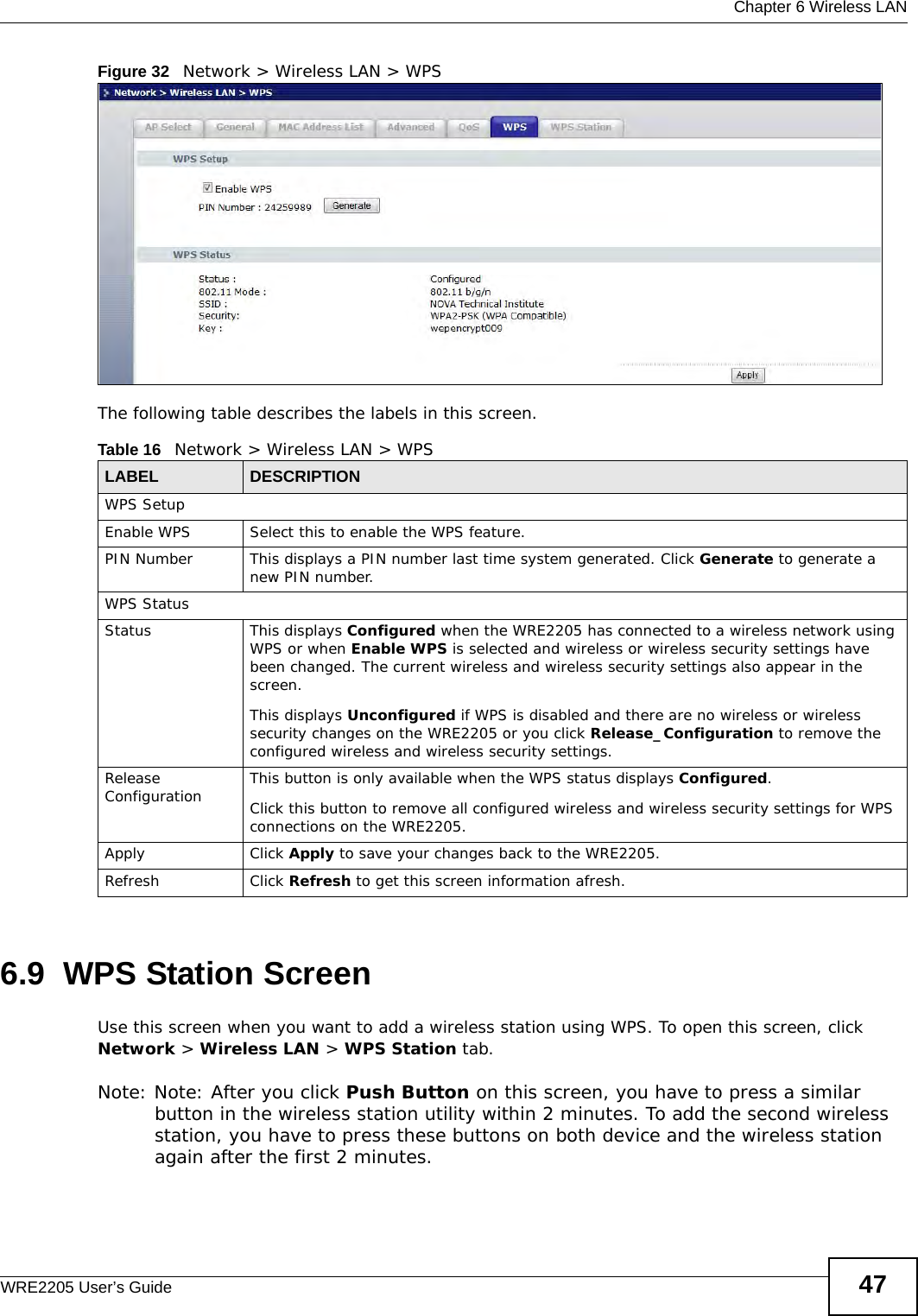  Chapter 6 Wireless LANWRE2205 User’s Guide 47Figure 32   Network &gt; Wireless LAN &gt; WPSThe following table describes the labels in this screen.6.9  WPS Station ScreenUse this screen when you want to add a wireless station using WPS. To open this screen, click Network &gt; Wireless LAN &gt; WPS Station tab.Note: Note: After you click Push Button on this screen, you have to press a similar button in the wireless station utility within 2 minutes. To add the second wireless station, you have to press these buttons on both device and the wireless station again after the first 2 minutes.Table 16   Network &gt; Wireless LAN &gt; WPSLABEL DESCRIPTIONWPS SetupEnable WPS Select this to enable the WPS feature.PIN Number This displays a PIN number last time system generated. Click Generate to generate a new PIN number.WPS StatusStatus This displays Configured when the WRE2205 has connected to a wireless network using WPS or when Enable WPS is selected and wireless or wireless security settings have been changed. The current wireless and wireless security settings also appear in the screen.This displays Unconfigured if WPS is disabled and there are no wireless or wireless security changes on the WRE2205 or you click Release_Configuration to remove the configured wireless and wireless security settings.Release Configuration This button is only available when the WPS status displays Configured.Click this button to remove all configured wireless and wireless security settings for WPS connections on the WRE2205.Apply Click Apply to save your changes back to the WRE2205.Refresh Click Refresh to get this screen information afresh.