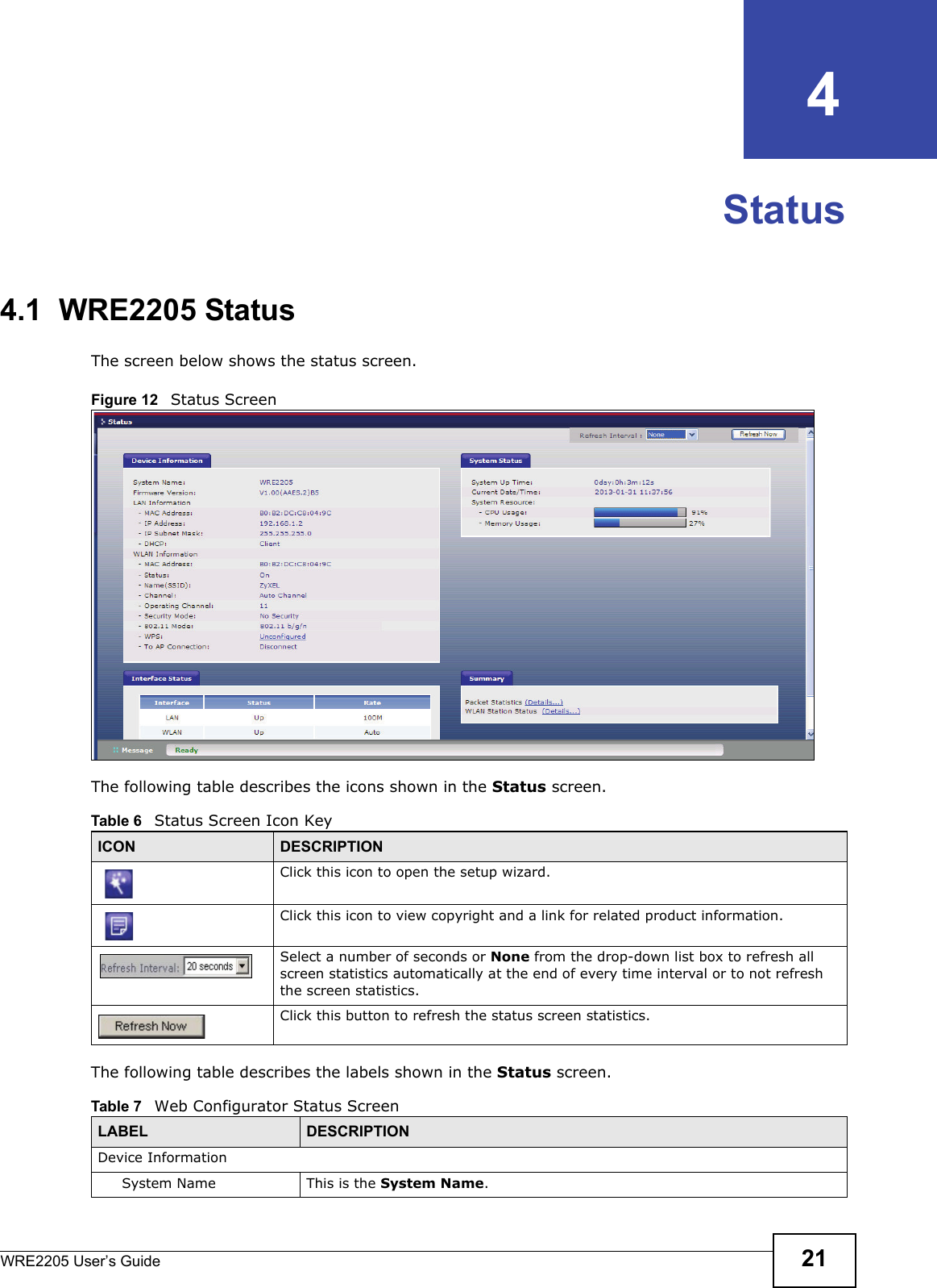 WRE2205 User’s Guide 21CHAPTER   4Status4.1  WRE2205 StatusThe screen below shows the status screen. Figure 12   Status Screen The following table describes the icons shown in the Status screen.The following table describes the labels shown in the Status screen.Table 6   Status Screen Icon Key ICON DESCRIPTIONClick this icon to open the setup wizard. Click this icon to view copyright and a link for related product information.Select a number of seconds or None from the drop-down list box to refresh all screen statistics automatically at the end of every time interval or to not refresh the screen statistics.Click this button to refresh the status screen statistics.Table 7   Web Configurator Status Screen  LABEL DESCRIPTIONDevice InformationSystem Name This is the System Name.
