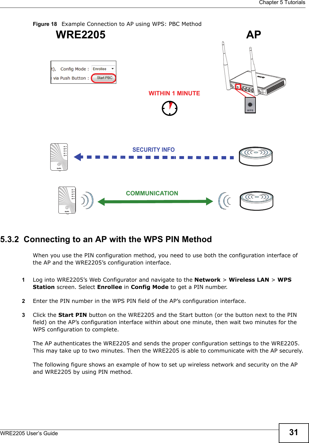  Chapter 5 TutorialsWRE2205 User’s Guide 31Figure 18   Example Connection to AP using WPS: PBC Method5.3.2  Connecting to an AP with the WPS PIN MethodWhen you use the PIN configuration method, you need to use both the configuration interface of the AP and the WRE2205’s configuration interface.1Log into WRE2205’s Web Configurator and navigate to the Network &gt; Wireless LAN &gt; WPS Station screen. Select Enrollee in Config Mode to get a PIN number.2Enter the PIN number in the WPS PIN field of the AP’s configuration interface.3Click the Start PIN button on the WRE2205 and the Start button (or the button next to the PIN field) on the AP’s configuration interface within about one minute, then wait two minutes for the WPS configuration to complete.The AP authenticates the WRE2205 and sends the proper configuration settings to the WRE2205. This may take up to two minutes. Then the WRE2205 is able to communicate with the AP securely. The following figure shows an example of how to set up wireless network and security on the AP and WRE2205 by using PIN method. WRE2205SECURITY INFOCOMMUNICATIONWITHIN 1 MINUTEAP
