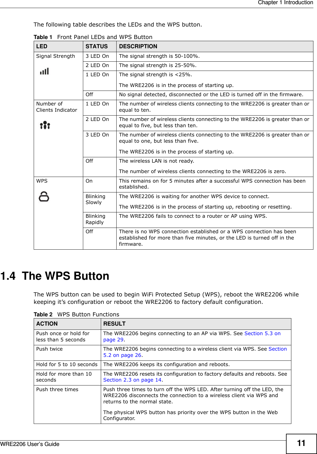  Chapter 1 IntroductionWRE2206 User’s Guide 11The following table describes the LEDs and the WPS button.1.4  The WPS ButtonThe WPS button can be used to begin WiFi Protected Setup (WPS), reboot the WRE2206 while keeping it’s configuration or reboot the WRE2206 to factory default configuration.Table 1   Front Panel LEDs and WPS ButtonLED STATUS DESCRIPTIONSignal Strength 3 LED On The signal strength is 50-100%.2 LED On The signal strength is 25-50%.1 LED On The signal strength is &lt;25%.The WRE2206 is in the process of starting up.Off No signal detected, disconnected or the LED is turned off in the firmware.Number of Clients Indicator1 LED On The number of wireless clients connecting to the WRE2206 is greater than or equal to ten.2 LED On The number of wireless clients connecting to the WRE2206 is greater than or equal to five, but less than ten.3 LED On The number of wireless clients connecting to the WRE2206 is greater than or equal to one, but less than five.The WRE2206 is in the process of starting up.Off The wireless LAN is not ready.The number of wireless clients connecting to the WRE2206 is zero.WPS On This remains on for 5 minutes after a successful WPS connection has been established.Blinking SlowlyThe WRE2206 is waiting for another WPS device to connect. The WRE2206 is in the process of starting up, rebooting or resetting.Blinking RapidlyThe WRE2206 fails to connect to a router or AP using WPS.Off There is no WPS connection established or a WPS connection has been established for more than five minutes, or the LED is turned off in the firmware.Table 2   WPS Button FunctionsACTION RESULTPush once or hold for less than 5 secondsThe WRE2206 begins connecting to an AP via WPS. See Section 5.3 on page 29.Push twice The WRE2206 begins connecting to a wireless client via WPS. See Section 5.2 on page 26.Hold for 5 to 10 seconds The WRE2206 keeps its configuration and reboots.Hold for more than 10 secondsThe WRE2206 resets its configuration to factory defaults and reboots. See Section 2.3 on page 14.Push three times  Push three times to turn off the WPS LED. After turning off the LED, the WRE2206 disconnects the connection to a wireless client via WPS and returns to the normal state. The physical WPS button has priority over the WPS button in the Web Configurator.
