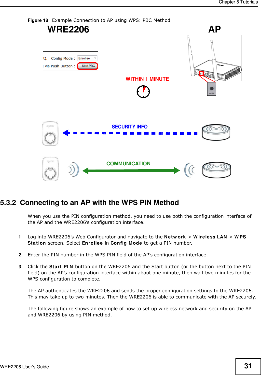  Chapter 5 TutorialsWRE2206 User’s Guide 31Figure 18   Example Connection to AP using WPS: PBC Method5.3.2  Connecting to an AP with the WPS PIN MethodWhen you use the PIN configuration method, you need to use both the configuration interface of the AP and the WRE2206’s configuration interface.1Log into WRE2206’s Web Configurator and navigate to the N e t w or k  &gt; W ir ele ss LAN  &gt; W PS St a t ion  screen. Select Enrolle e  in Config M ode to get a PIN number.2Enter the PIN number in the WPS PIN field of the AP’s configuration interface.3Click the St a rt  PI N  button on the WRE2206 and the Start button (or the button next to the PIN field) on the AP’s configuration interface within about one minute, then wait two minutes for the WPS configuration to complete.The AP authenticates the WRE2206 and sends the proper configuration settings to the WRE2206. This may take up to two minutes. Then the WRE2206 is able to communicate with the AP securely. The following figure shows an example of how to set up wireless network and security on the AP and WRE2206 by using PIN method. WRE2206SECURITY INFOCOMMUNICATIONWITHIN 1 MINUTEAP