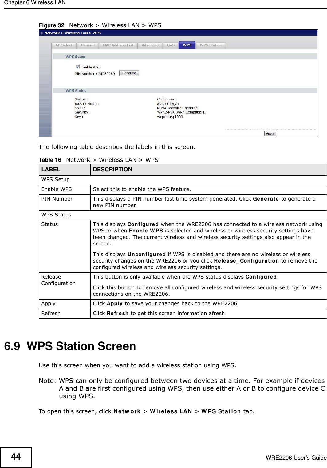 Chapter 6 Wireless LANWRE2206 User’s Guide44Figure 32   Network &gt; Wireless LAN &gt; WPSThe following table describes the labels in this screen.6.9  WPS Station ScreenUse this screen when you want to add a wireless station using WPS. Note: WPS can only be configured between two devices at a time. For example if devices A and B are first configured using WPS, then use either A or B to configure device C using WPS. To open this screen, click N e t w or k  &gt; W ireless LAN  &gt; W PS Stat ion tab.Table 16   Network &gt; Wireless LAN &gt; WPSLABEL DESCRIPTIONWPS SetupEnable WPS Select this to enable the WPS feature.PIN Number This displays a PIN number last time system generated. Click Ge ne r a t e to generate a new PIN number.WPS StatusStatus This displays Configur e d when the WRE2206 has connected to a wireless network using WPS or when Ena ble  W PS is selected and wireless or wireless security settings have been changed. The current wireless and wireless security settings also appear in the screen.This displays Un configure d if WPS is disabled and there are no wireless or wireless security changes on the WRE2206 or you click Rele ase_ Configu ra tion to remove the configured wireless and wireless security settings.Release ConfigurationThis button is only available when the WPS status displays Con figur ed.Click this button to remove all configured wireless and wireless security settings for WPS connections on the WRE2206.Apply Click Apply to save your changes back to the WRE2206.Refresh Click Refre sh to get this screen information afresh.