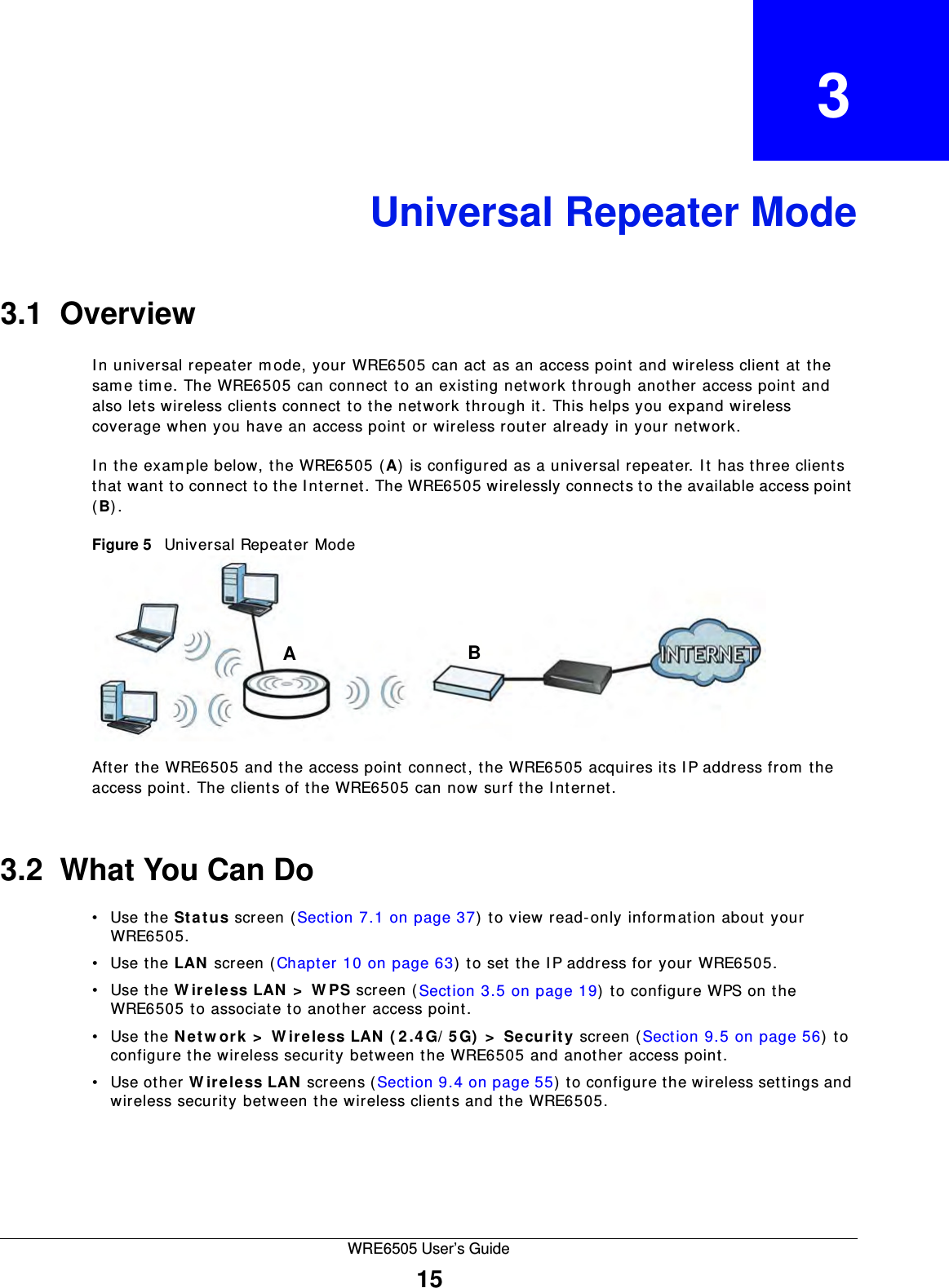 WRE6505 User’s Guide15CHAPTER   3Universal Repeater Mode3.1  OverviewIn universal repeater m ode, your WRE6505 can act as an access point and wireless client at the sam e tim e. The WRE6505 can connect to an existing network through another access point and also lets wireless clients connect to the network through it. This helps you expand wireless coverage when you have an access point or wireless router already in your network.In the example below, the WRE6505 (A) is configured as a universal repeater. I t has three clients that want to connect to the I nternet. The WRE6505 wirelessly connects to the available access point (B). Figure 5   Universal Repeater Mode After the WRE6505 and the access point connect, the WRE6505 acquires its I P address from the access point. The clients of the WRE6505 can now surf the I nternet. 3.2  What You Can Do• Use the St a t u s screen (Section 7.1 on page 37) to view read-only inform ation about your WRE6505.• Use the LAN  screen (Chapter 10 on page 63) to set the I P address for your WRE6505.• Use the W ire le ss LAN  &gt;  W PS screen (Section 3.5 on page 19) to configure WPS on the WRE6505 to associate to another access point. • Use the N e t w or k  &gt;  W ireless LAN  ( 2 .4 G/ 5 G)  &gt;  Se curit y screen (Section 9.5 on page 56) to configure the wireless security between the WRE6505 and another access point. • Use other W ir eless LAN  screens (Section 9.4 on page 55) to configure the wireless settings and wireless security between the wireless clients and the WRE6505.AB
