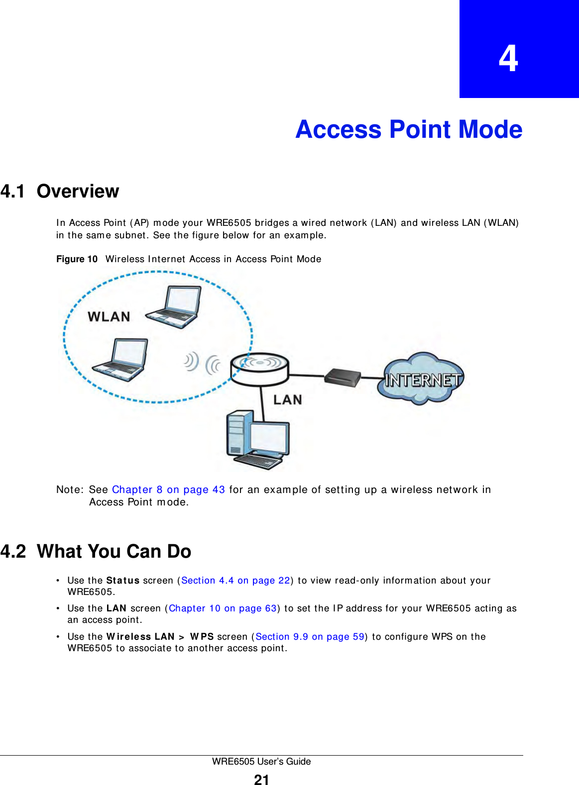 WRE6505 User’s Guide21CHAPTER   4Access Point Mode4.1  OverviewIn Access Point ( AP) m ode your WRE6505 bridges a wired network (LAN) and wireless LAN ( WLAN) in the sam e subnet. See the figure below for an exam ple.Figure 10   Wireless Internet Access in Access Point Mode Note:  See Chapter 8 on page 43 for an example of setting up a wireless network in Access Point m ode. 4.2  What You Can Do• Use the St a t u s screen (Section 4.4 on page 22) to view read-only inform ation about your WRE6505.• Use the LAN  screen (Chapter 10 on page 63) to set the I P address for your WRE6505 acting as an access point.• Use the W ire le ss LAN  &gt;  W PS screen (Section 9.9 on page 59) to configure WPS on the WRE6505 to associate to another access point. 