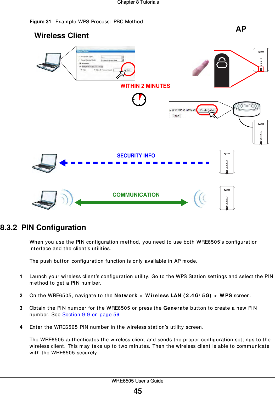  Chapter 8 TutorialsWRE6505 User’s Guide45Figure 31   Example WPS Process:  PBC Method8.3.2  PIN ConfigurationWhen you use the PIN configuration m ethod, you need to use both WRE6505’s configuration interface and the client’s utilities.The push button configuration function is only available in AP m ode.1Launch your wireless client ’s configuration utility. Go to the WPS Station settings and select the PI N method to get a PIN num ber.2On the WRE6505, navigate to the N e t w or k  &gt;  W ir eless LAN ( 2 .4 G/ 5 G)  &gt;  W PS screen.3Obtain the PI N num ber for the WRE6505 or press the Ge ne r at e  button to create a new PI N num ber. See Section 9.9 on page 594Enter the WRE6505 PI N num ber in the wireless station’s utility screen. The WRE6505 authenticates the wireless client and sends the proper configuration settings to the wireless client. This m ay take up to two m inutes. Then the wireless client is able to comm unicate with the WRE6505 securely. 2.4G2.4G5G5GWireless Client    SECURITY INFOCOMMUNICATIONWITHIN 2 MINUTESAP2.4G2.4G5G5G2.4G2.4G5G5G2.4G2.4G5G5G