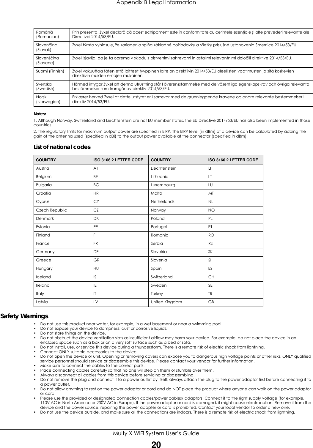 Appendix B Legal InformationMulty X WiFi System User’s Guide20Notes:1. Although Norway, Switzerland and Liechtenstein are not EU member states, the EU Directive 2014/53/EU has also been implemented in those countries.2. The regulatory limits for maximum output power are specified in EIRP. The EIRP level (in dBm) of a device can be calculated by adding the gain of the antenna used (specified in dBi) to the output power available at the connector (specified in dBm).List of national codesSafety Warnings• Do not use this product near water, for example, in a wet basement or near a swimming pool.• Do not expose your device to dampness, dust or corrosive liquids.• Do not store things on the device.• Do not obstruct the device ventilation slots as insufficient airflow may harm your device. For example, do not place the device in an enclosed space such as a box or on a very soft surface such as a bed or sofa.• Do not install, use, or service this device during a thunderstorm. There is a remote risk of electric shock from lightning.• Connect ONLY suitable accessories to the device.• Do not open the device or unit. Opening or removing covers can expose you to dangerous high voltage points or other risks. ONLY qualified service personnel should service or disassemble this device. Please contact your vendor for further information.• Make sure to connect the cables to the correct ports.• Place connecting cables carefully so that no one will step on them or stumble over them.• Always disconnect all cables from this device before servicing or disassembling.• Do not remove the plug and connect it to a power outlet by itself; always attach the plug to the power adaptor first before connecting it to a power outlet.• Do not allow anything to rest on the power adaptor or cord and do NOT place the product where anyone can walk on the power adaptor or cord.• Please use the provided or designated connection cables/power cables/ adaptors. Connect it to the right supply voltage (for example, 110V AC in North America or 230V AC in Europe). If the power adaptor or cord is damaged, it might cause electrocution. Remove it from the device and the power source, repairing the power adapter or cord is prohibited. Contact your local vendor to order a new one.• Do not use the device outside, and make sure all the connections are indoors. There is a remote risk of electric shock from lightning.Română (Romanian)Prin prezenta, Zyxel declară că acest echipament este în conformitate cu cerinţele esenţiale şi alte prevederi relevante ale Directivei 2014/53/EU.Slovenčina (Slovak)Zyxel týmto vyhlasuje, že zariadenia spĺňa základné požiadavky a všetky príslušné ustanovenia Smernice 2014/53/EU.Slovenščina (Slovene)Zyxel izjavlja, da je ta oprema v skladu z bistvenimi zahtevami in ostalimi relevantnimi določili direktive 2014/53/EU.Suomi (Finnish) Zyxel vakuuttaa täten että laitteet tyyppinen laite on direktiivin 2014/53/EU oleellisten vaatimusten ja sitä koskevien direktiivin muiden ehtojen mukainen.Svenska (Swedish)Härmed intygar Zyxel att denna utrustning står I överensstämmelse med de väsentliga egenskapskrav och övriga relevanta bestämmelser som framgår av direktiv 2014/53/EU.Norsk (Norwegian)Erklærer herved Zyxel at dette utstyret er I samsvar med de grunnleggende kravene og andre relevante bestemmelser I direktiv 2014/53/EU.COUNTRY ISO 3166 2 LETTER CODE COUNTRY ISO 3166 2 LETTER CODEAustria AT Liechtenstein LIBelgium BE Lithuania LTBulgaria BG Luxembourg LUCroatia HR Malta MTCyprus CY Netherlands NLCzech Republic CZ Norway NODenmark DK Poland PLEstonia EE Portugal PTFinland FI Romania ROFrance FR Serbia RSGermany DE Slovakia SKGreece GR Slovenia SIHungary HU Spain ESIceland IS Switzerland CHIreland IE Sweden SEItaly IT Turkey TRLatvia LV United Kingdom GB