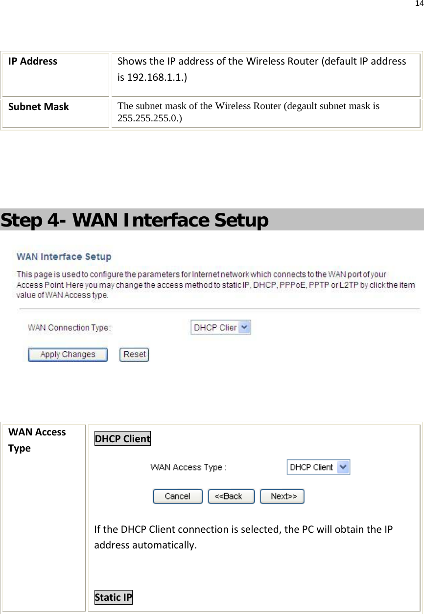 14   IP Address Shows the IP address of the Wireless Router (default IP address is 192.168.1.1.) Subnet Mask The subnet mask of the Wireless Router (degault subnet mask is 255.255.255.0.)    Step 4- WAN Interface Setup   WAN Access Type DHCP Client  If the DHCP Client connection is selected, the PC will obtain the IP address automatically.  Static IP 