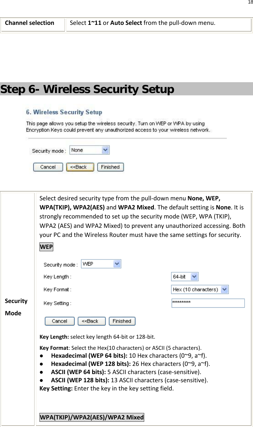 18  Channel selection Select 1~11 or Auto Select from the pull-down menu.    Step 6- Wireless Security Setup   Security Mode Select desired security type from the pull-down menu None, WEP, WPA(TKIP), WPA2(AES) and WPA2 Mixed. The default setting is None. It is strongly recommended to set up the security mode (WEP, WPA (TKIP), WPA2 (AES) and WPA2 Mixed) to prevent any unauthorized accessing. Both your PC and the Wireless Router must have the same settings for security. WEP  Key Length: select key length 64-bit or 128-bit. Key Format: Select the Hex(10 characters) or ASCII (5 characters).  Hexadecimal (WEP 64 bits): 10 Hex characters (0~9, a~f).   Hexadecimal (WEP 128 bits): 26 Hex characters (0~9, a~f).  ASCII (WEP 64 bits): 5 ASCII characters (case-sensitive).  ASCII (WEP 128 bits): 13 ASCII characters (case-sensitive). Key Setting: Enter the key in the key setting field.  WPA(TKIP)/WPA2(AES)/WPA2 Mixed  
