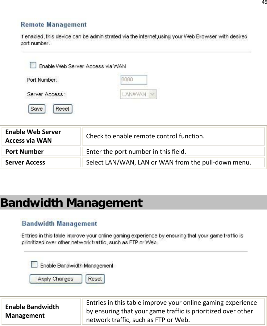 45   Enable Web Server Access via WAN Check to enable remote control function. Port Number Enter the port number in this field.   Server Access Select LAN/WAN, LAN or WAN from the pull-down menu.   Bandwidth Management  Enable Bandwidth Management Entries in this table improve your online gaming experience by ensuring that your game traffic is prioritized over other network traffic, such as FTP or Web.   