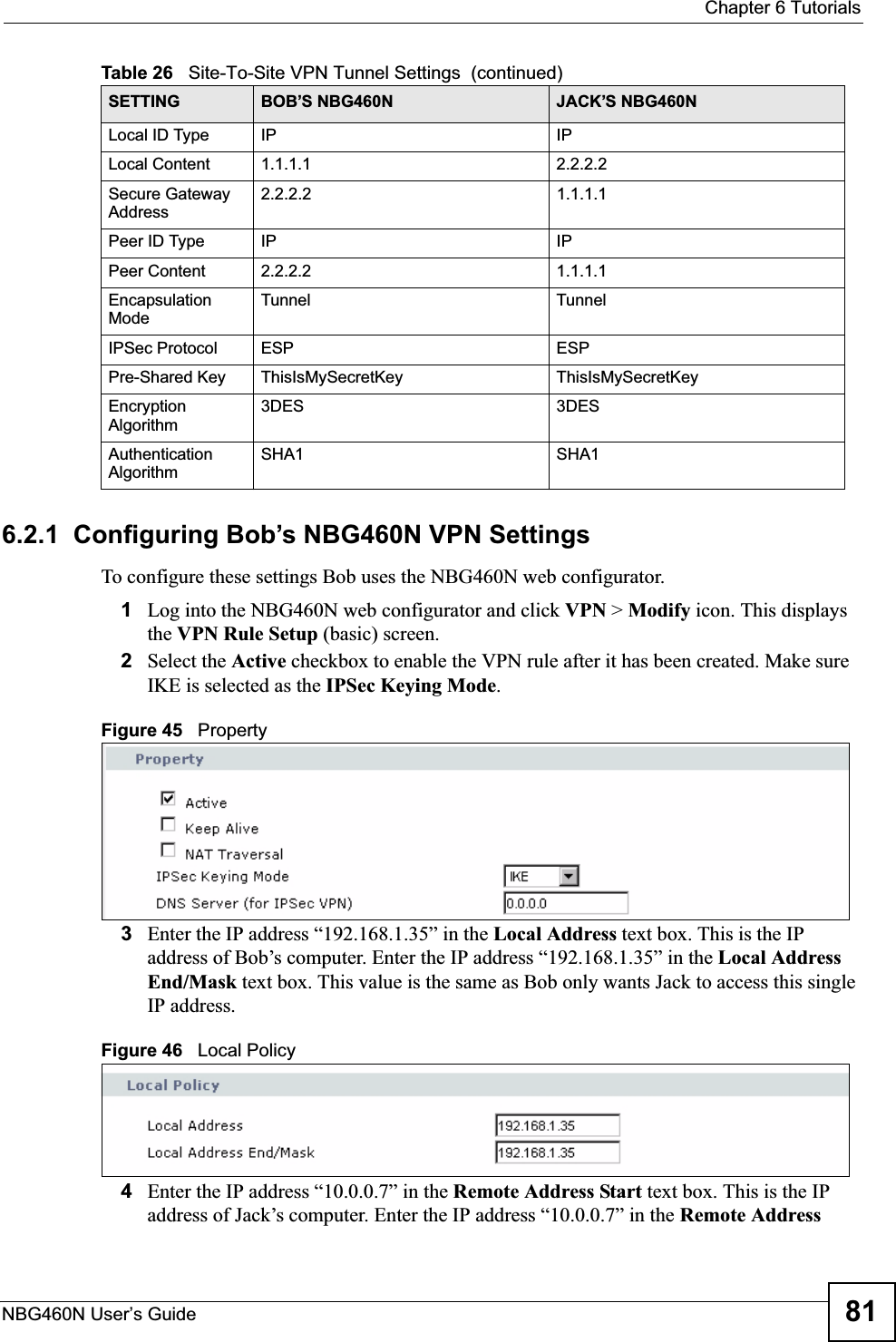  Chapter 6 TutorialsNBG460N User’s Guide 816.2.1  Configuring Bob’s NBG460N VPN SettingsTo configure these settings Bob uses the NBG460N web configurator.1Log into the NBG460N web configurator and click VPN &gt; Modify icon. This displays the VPN Rule Setup (basic) screen.2Select the Active checkbox to enable the VPN rule after it has been created. Make sure IKE is selected as the IPSec Keying Mode.Figure 45   Property3Enter the IP address “192.168.1.35” in the Local Address text box. This is the IP address of Bob’s computer. Enter the IP address “192.168.1.35” in the Local Address End/Mask text box. This value is the same as Bob only wants Jack to access this single IP address.Figure 46   Local Policy4Enter the IP address “10.0.0.7” in the Remote Address Start text box. This is the IP address of Jack’s computer. Enter the IP address “10.0.0.7” in the Remote Address Local ID Type IP IPLocal Content 1.1.1.1 2.2.2.2Secure Gateway Address2.2.2.2 1.1.1.1Peer ID Type IP IPPeer Content 2.2.2.2 1.1.1.1Encapsulation ModeTunnel TunnelIPSec Protocol ESP ESPPre-Shared Key ThisIsMySecretKey ThisIsMySecretKeyEncryption Algorithm3DES 3DESAuthentication AlgorithmSHA1 SHA1Table 26   Site-To-Site VPN Tunnel Settings  (continued)SETTING BOB’S NBG460N JACK’S NBG460N