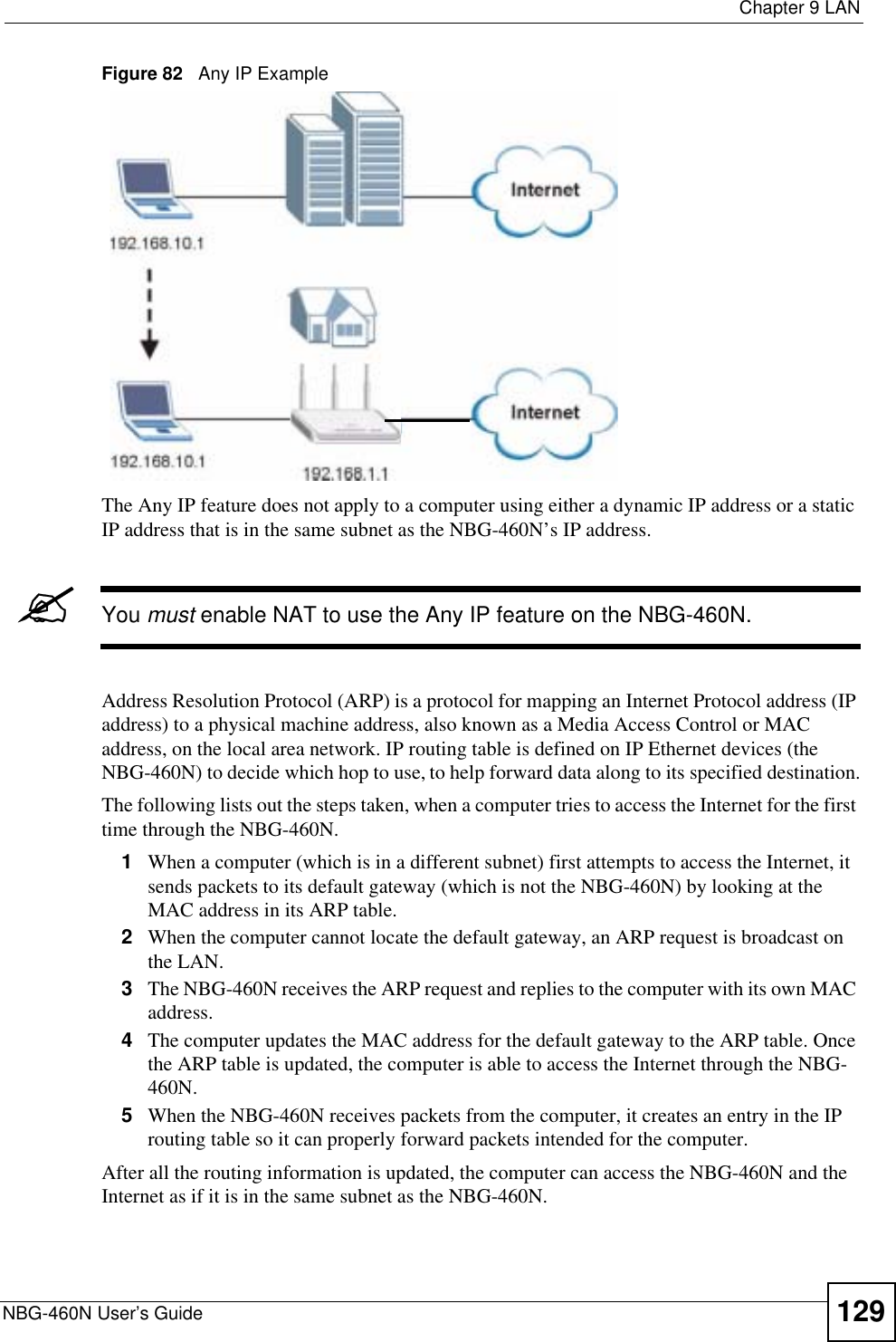  Chapter 9 LANNBG-460N User’s Guide 129Figure 82   Any IP ExampleThe Any IP feature does not apply to a computer using either a dynamic IP address or a static IP address that is in the same subnet as the NBG-460N’s IP address.&quot;You must enable NAT to use the Any IP feature on the NBG-460N. Address Resolution Protocol (ARP) is a protocol for mapping an Internet Protocol address (IP address) to a physical machine address, also known as a Media Access Control or MAC address, on the local area network. IP routing table is defined on IP Ethernet devices (the NBG-460N) to decide which hop to use, to help forward data along to its specified destination.The following lists out the steps taken, when a computer tries to access the Internet for the first time through the NBG-460N.1When a computer (which is in a different subnet) first attempts to access the Internet, it sends packets to its default gateway (which is not the NBG-460N) by looking at the MAC address in its ARP table. 2When the computer cannot locate the default gateway, an ARP request is broadcast on the LAN. 3The NBG-460N receives the ARP request and replies to the computer with its own MAC address. 4The computer updates the MAC address for the default gateway to the ARP table. Once the ARP table is updated, the computer is able to access the Internet through the NBG-460N. 5When the NBG-460N receives packets from the computer, it creates an entry in the IP routing table so it can properly forward packets intended for the computer. After all the routing information is updated, the computer can access the NBG-460N and the Internet as if it is in the same subnet as the NBG-460N. 