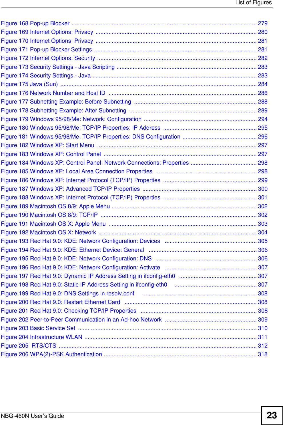  List of FiguresNBG-460N User’s Guide 23Figure 168 Pop-up Blocker ................................................................................................................... 279Figure 169 Internet Options: Privacy  .................................................................................................... 280Figure 170 Internet Options: Privacy  .................................................................................................... 281Figure 171 Pop-up Blocker Settings ..................................................................................................... 281Figure 172 Internet Options: Security ................................................................................................... 282Figure 173 Security Settings - Java Scripting ....................................................................................... 283Figure 174 Security Settings - Java ...................................................................................................... 283Figure 175 Java (Sun) .......................................................................................................................... 284Figure 176 Network Number and Host ID  ............................................................................................ 286Figure 177 Subnetting Example: Before Subnetting  ............................................................................ 288Figure 178 Subnetting Example: After Subnetting  ............................................................................... 289Figure 179 WIndows 95/98/Me: Network: Configuration  ...................................................................... 294Figure 180 Windows 95/98/Me: TCP/IP Properties: IP Address  .......................................................... 295Figure 181 Windows 95/98/Me: TCP/IP Properties: DNS Configuration .............................................. 296Figure 182 Windows XP: Start Menu  ................................................................................................... 297Figure 183 Windows XP: Control Panel  ............................................................................................... 297Figure 184 Windows XP: Control Panel: Network Connections: Properties ......................................... 298Figure 185 Windows XP: Local Area Connection Properties  ............................................................... 298Figure 186 Windows XP: Internet Protocol (TCP/IP) Properties  .......................................................... 299Figure 187 Windows XP: Advanced TCP/IP Properties ....................................................................... 300Figure 188 Windows XP: Internet Protocol (TCP/IP) Properties  .......................................................... 301Figure 189 Macintosh OS 8/9: Apple Menu .......................................................................................... 302Figure 190 Macintosh OS 8/9: TCP/IP  ................................................................................................. 302Figure 191 Macintosh OS X: Apple Menu  ............................................................................................ 303Figure 192 Macintosh OS X: Network  .................................................................................................. 304Figure 193 Red Hat 9.0: KDE: Network Configuration: Devices   ......................................................... 305Figure 194 Red Hat 9.0: KDE: Ethernet Device: General   ................................................................... 306Figure 195 Red Hat 9.0: KDE: Network Configuration: DNS  ............................................................... 306Figure 196 Red Hat 9.0: KDE: Network Configuration: Activate   ......................................................... 307Figure 197 Red Hat 9.0: Dynamic IP Address Setting in ifconfig-eth0   ................................................ 307Figure 198 Red Hat 9.0: Static IP Address Setting in ifconfig-eth0    ................................................... 307Figure 199 Red Hat 9.0: DNS Settings in resolv.conf     ....................................................................... 308Figure 200 Red Hat 9.0: Restart Ethernet Card   .................................................................................. 308Figure 201 Red Hat 9.0: Checking TCP/IP Properties   ........................................................................ 308Figure 202 Peer-to-Peer Communication in an Ad-hoc Network ......................................................... 309Figure 203 Basic Service Set  ............................................................................................................... 310Figure 204 Infrastructure WLAN ........................................................................................................... 311Figure 205  RTS/CTS ........................................................................................................................... 312Figure 206 WPA(2)-PSK Authentication ............................................................................................... 318