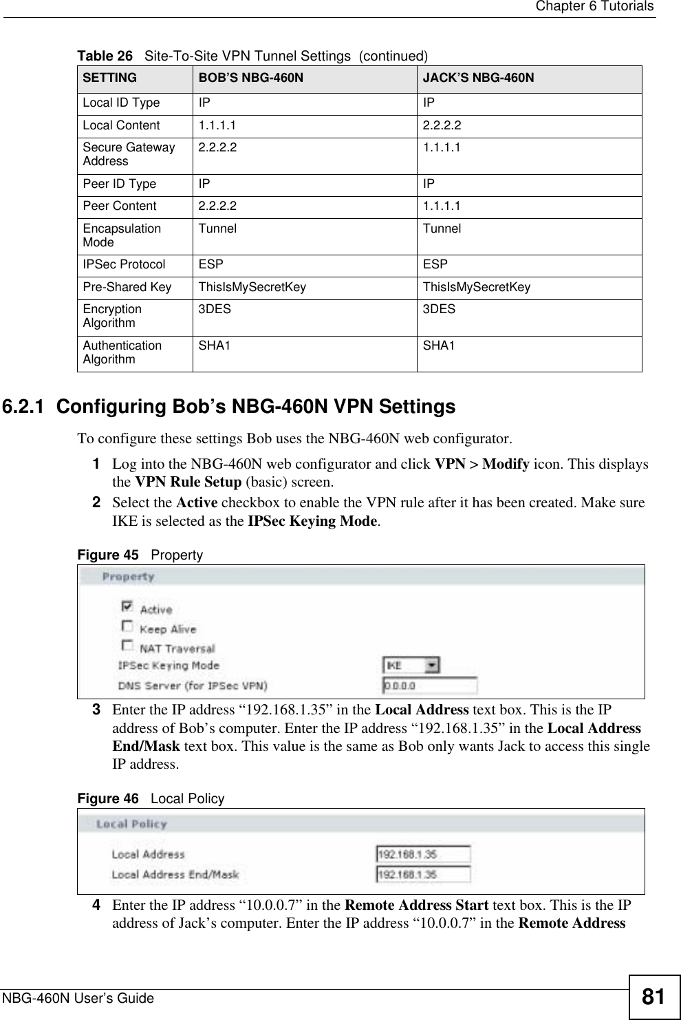  Chapter 6 TutorialsNBG-460N User’s Guide 816.2.1  Configuring Bob’s NBG-460N VPN SettingsTo configure these settings Bob uses the NBG-460N web configurator.1Log into the NBG-460N web configurator and click VPN &gt; Modify icon. This displays the VPN Rule Setup (basic) screen.2Select the Active checkbox to enable the VPN rule after it has been created. Make sure IKE is selected as the IPSec Keying Mode.Figure 45   Property3Enter the IP address “192.168.1.35” in the Local Address text box. This is the IP address of Bob’s computer. Enter the IP address “192.168.1.35” in the Local Address End/Mask text box. This value is the same as Bob only wants Jack to access this single IP address.Figure 46   Local Policy4Enter the IP address “10.0.0.7” in the Remote Address Start text box. This is the IP address of Jack’s computer. Enter the IP address “10.0.0.7” in the Remote Address Local ID Type IP IPLocal Content 1.1.1.1 2.2.2.2Secure Gateway Address 2.2.2.2 1.1.1.1Peer ID Type IP IPPeer Content 2.2.2.2 1.1.1.1Encapsulation Mode Tunnel TunnelIPSec Protocol ESP ESPPre-Shared Key ThisIsMySecretKey ThisIsMySecretKeyEncryption Algorithm 3DES 3DESAuthentication Algorithm SHA1 SHA1Table 26   Site-To-Site VPN Tunnel Settings  (continued)SETTING BOB’S NBG-460N JACK’S NBG-460N